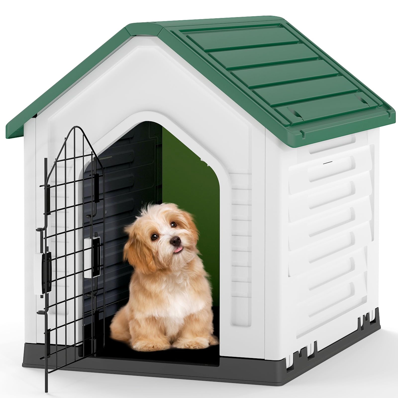 GOPLUS Plastic Dog Kennel, Dog House with Lockable Mesh Door and Raised Floor, Ventilation, Sloped Roof, Indoor and Outdoor Pet Kennel (Green)