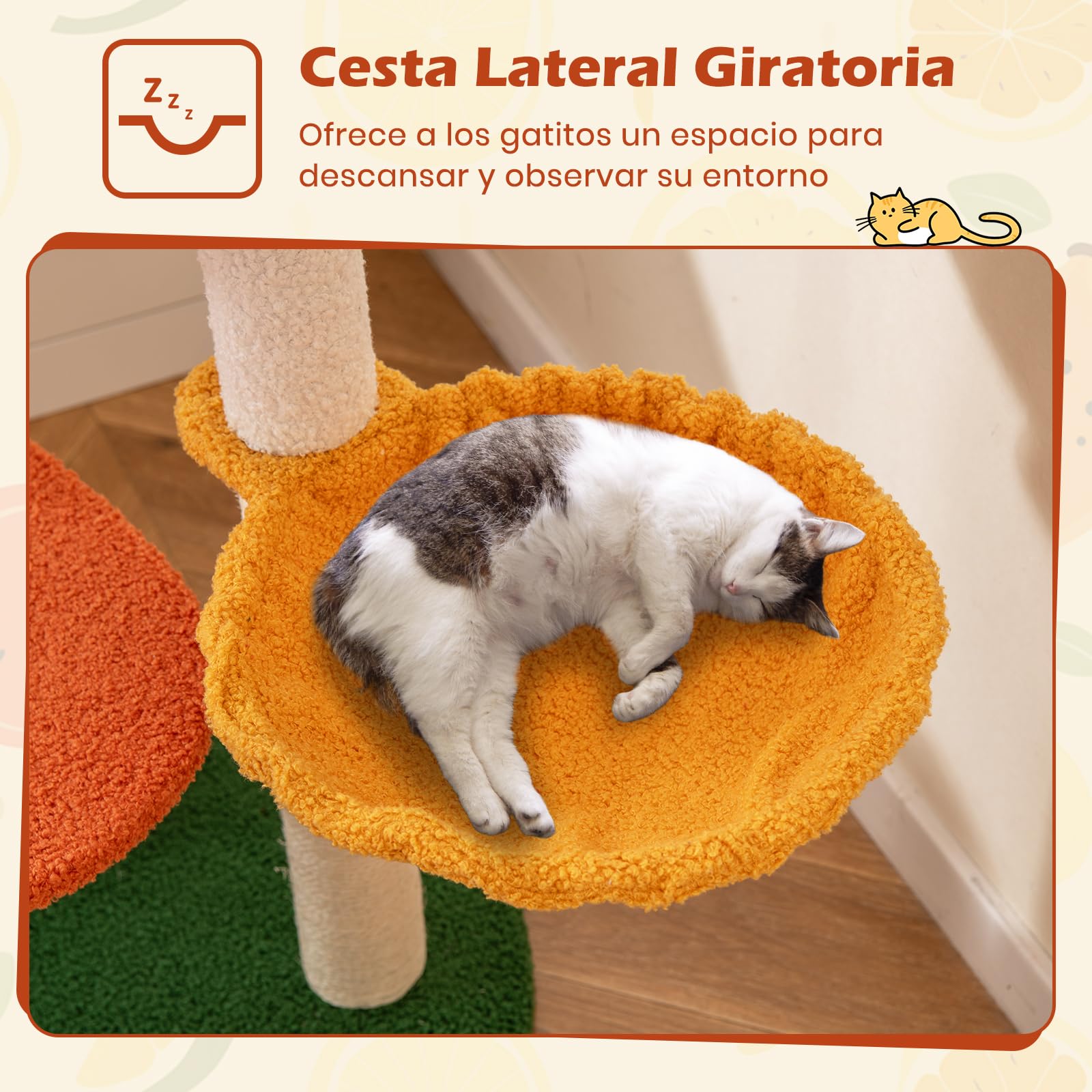 GOPLUS Árbol para Gato de Múltiples Niveles, Centro de Actividad con Plataformas en Forma de Frutas, Percha Acolchada, Postes para Rascar de Sisal, Cesta Giratoria, Mueble Torre Interior para Gatos