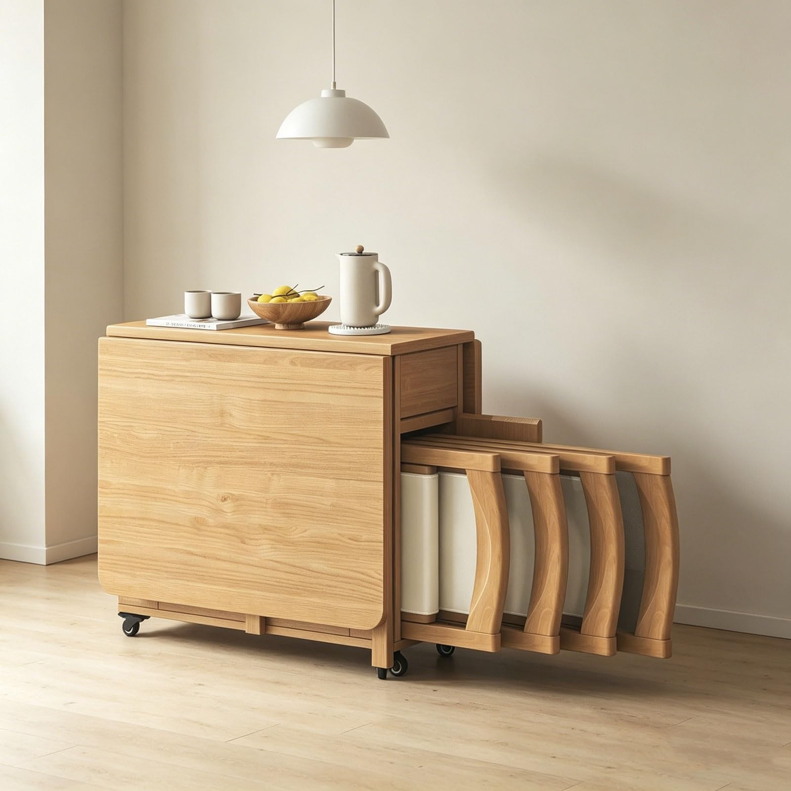 Genérico Juego de Mesa de Comedor Plegable con 4 sillas, Mesas Ajustables de Madera con Almacenamiento Oculto, Fácil Montaje Ahorra Espacio Ideal para comedores y cocinas pequeñas