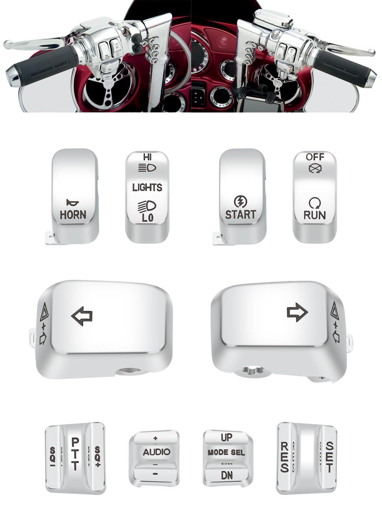 10pcs Hand Control Chrome Switches Caps Compatible with Harley Touring Street Glide,Road Glide,Electra Glide,Tri Glide 1996-2013 (Chrome)