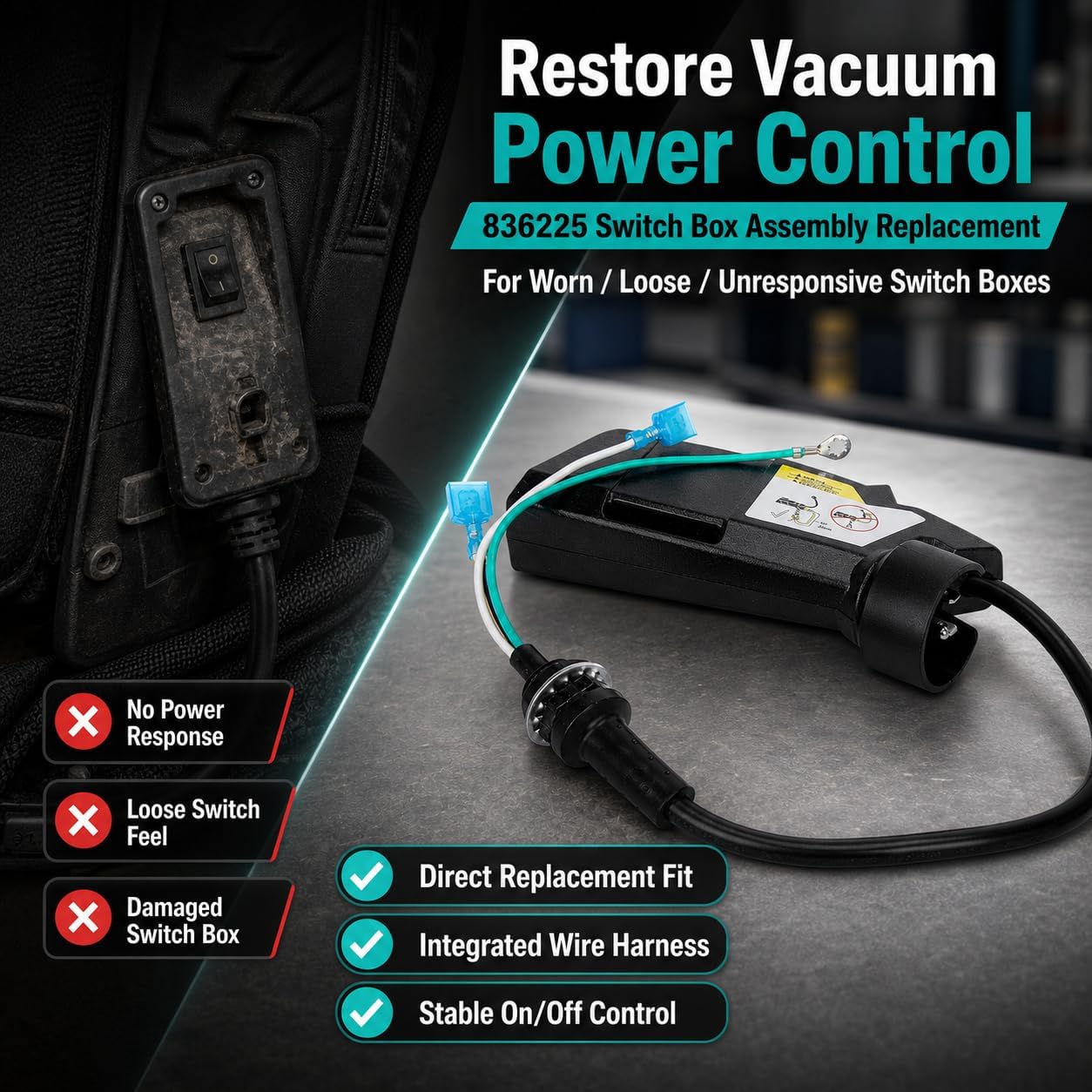 836225 Switch Box Assembly, Fits ProTeam Super Coach Pro 10/6 Vacuums | Replacement 836225 switch box assembly for ProTeam Super Coach Pro 10/6 backpack vacuums; restores on/off power control.