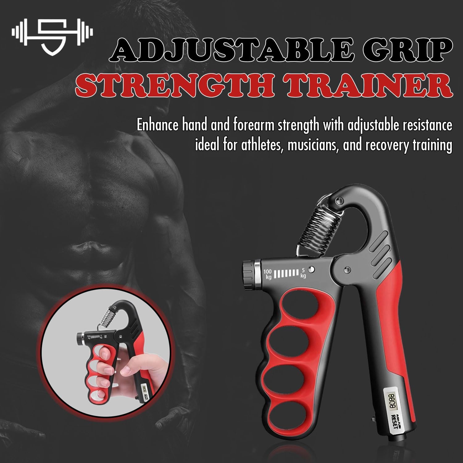 Adjustable Grip Strength Trainer Hand Gripper for Grip Strength, Forearm & Wrist Strengthener, Hand Exerciser for Strength Training & Therapy 11-220Lbs(5-100KG) | Red