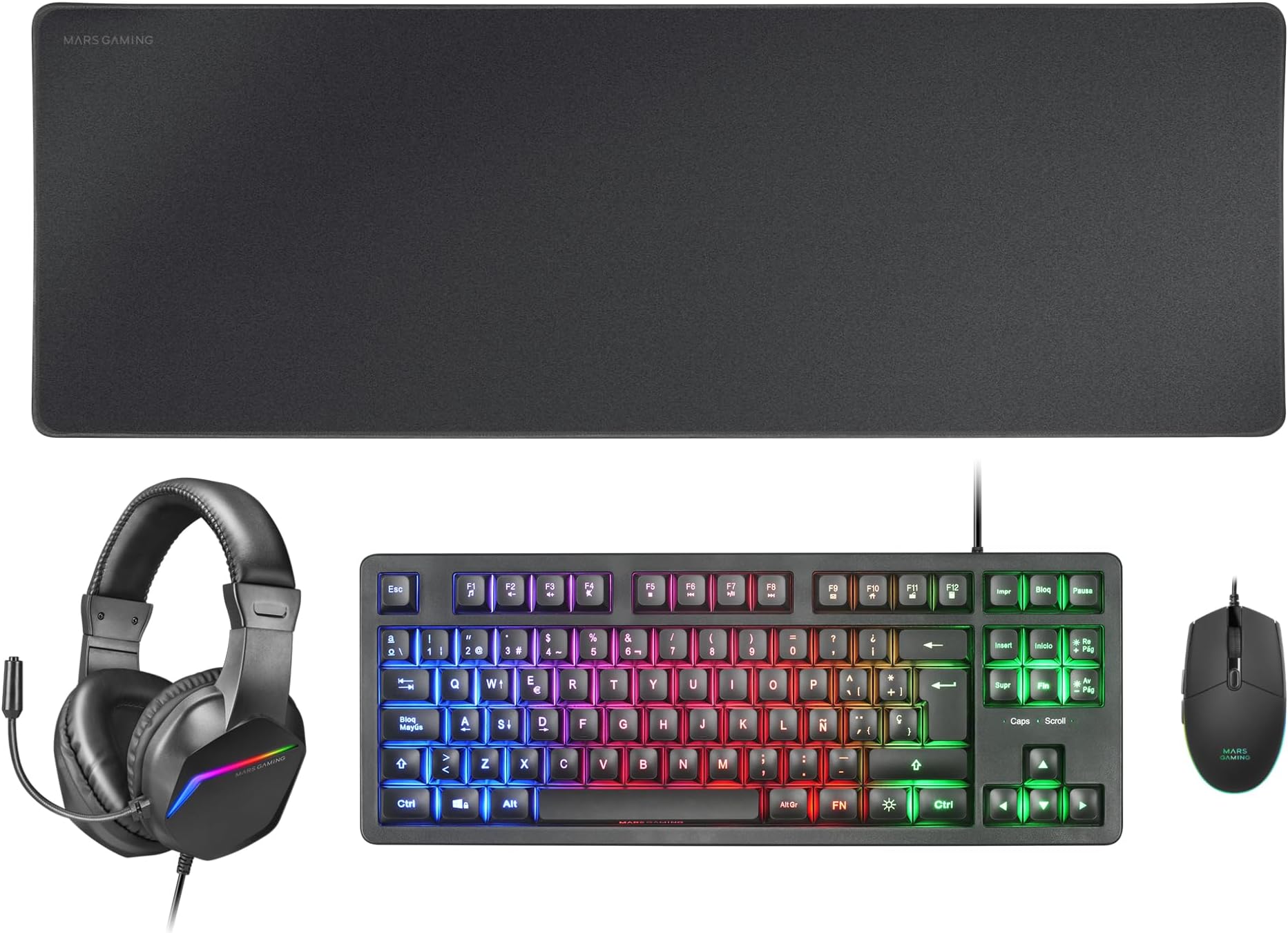 clavier et souris Mars Gaming MCP124PROES Noir Multicouleur Espagnol Qwerty (4 Unités)
