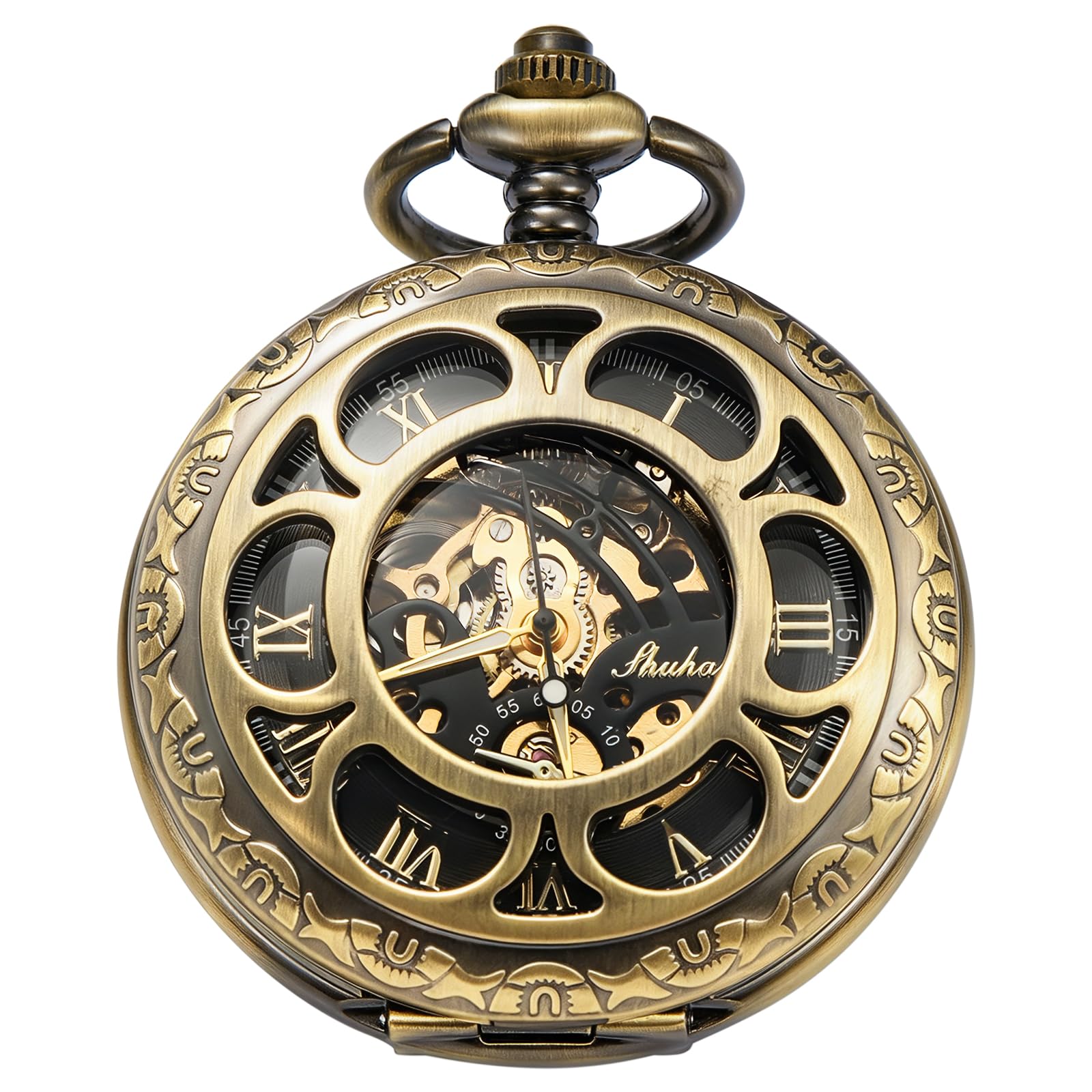 Mens Mechanical Pocket Watch,Roman Numeral Dial Moon Phase Design