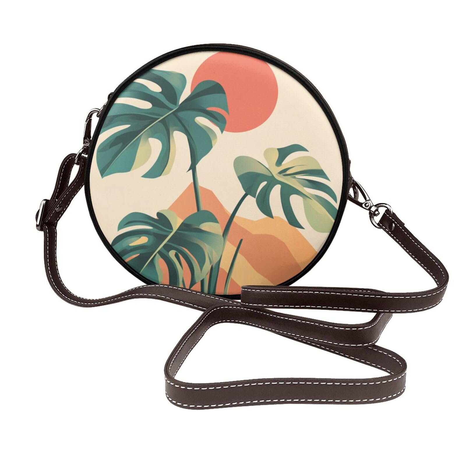 Monstera Plant The Sun Mountains Women Round Crossbody Bags Leather Sling Bag Purse
