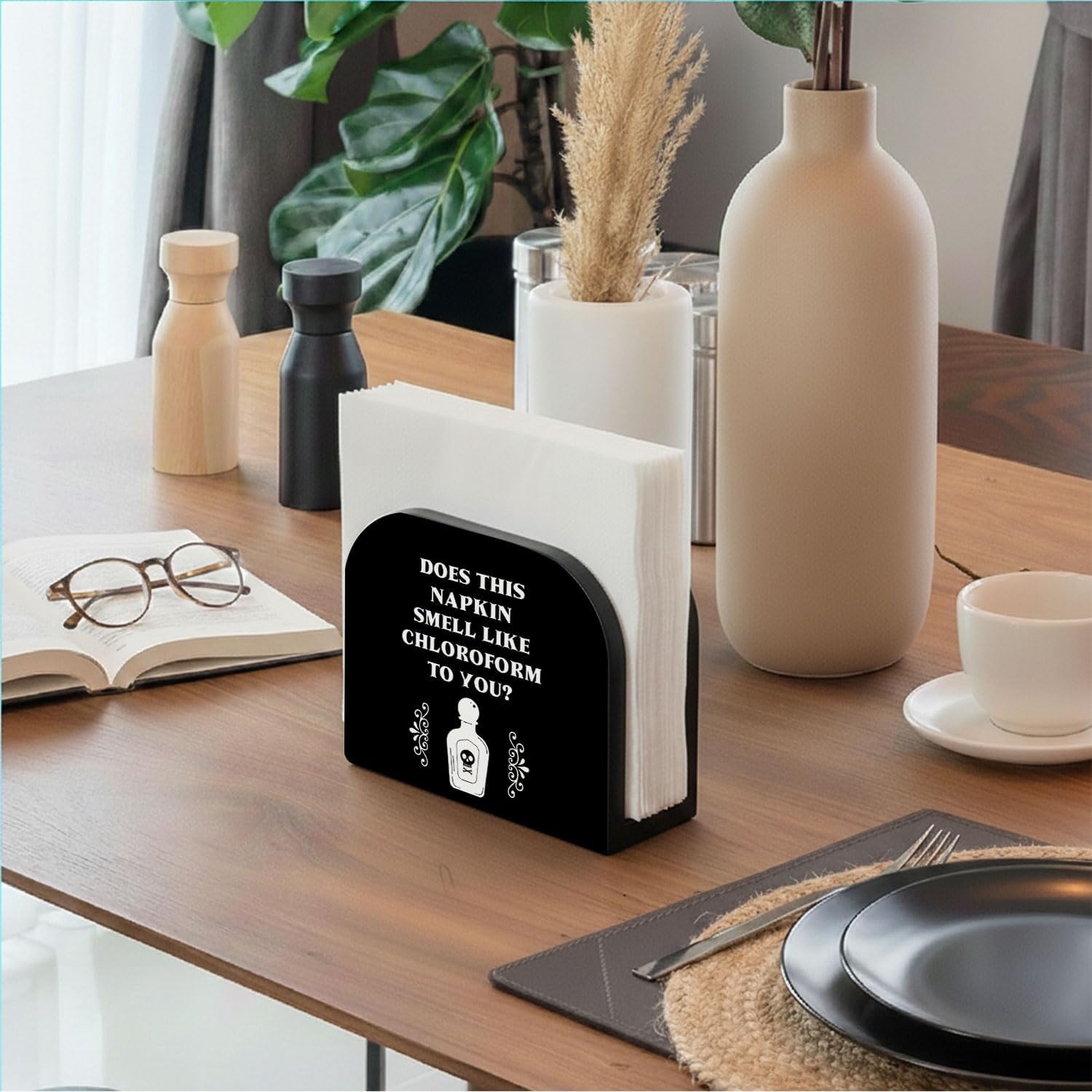 Funny Black Wood Napkin Holder for Table, Does This Smell Like Chloroform Dark Humor Wooden Standing Napkin Dispenser for Home Kitchen Dining Room Party Cafe Bar Decorations
