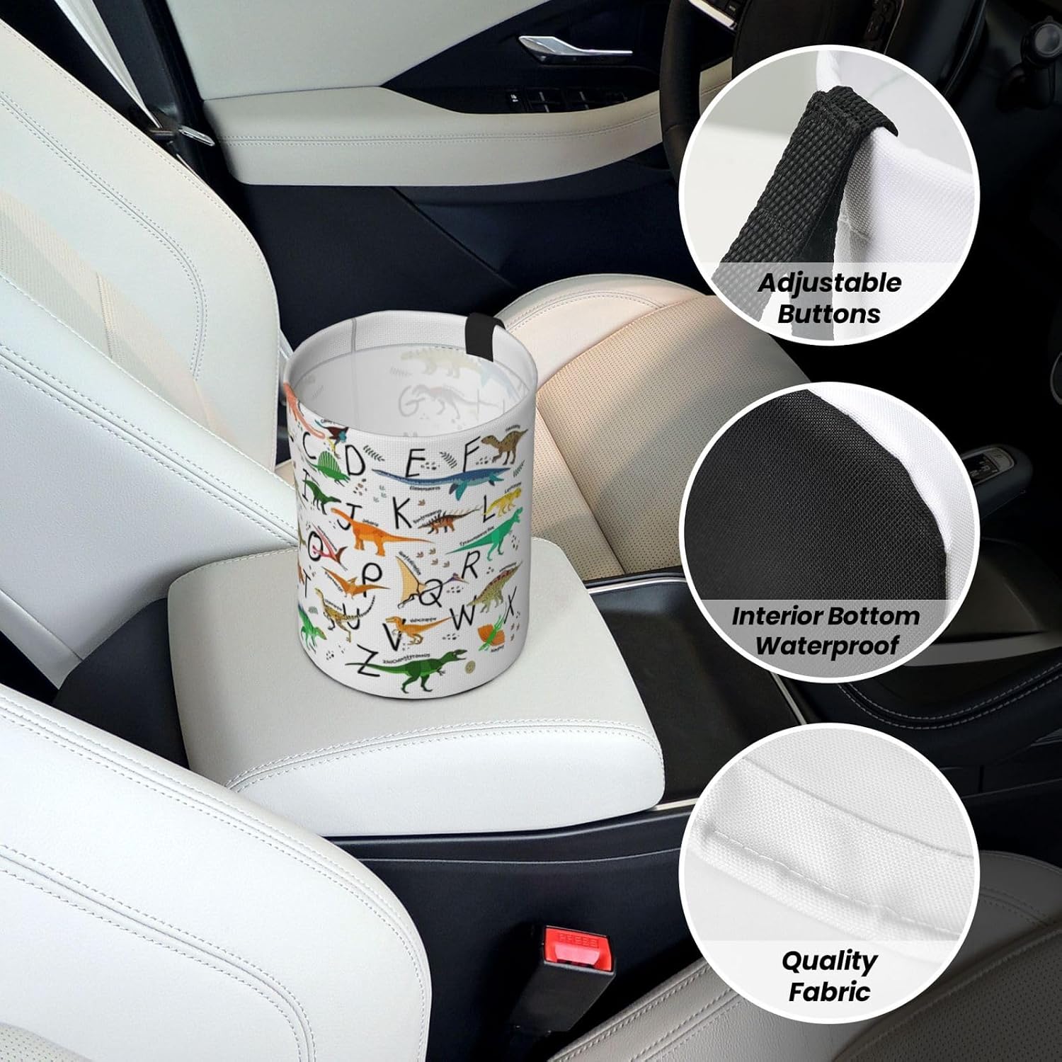 Stylish Learning Alphabets with Dinosaurs Print Foldable Car Trash Can,Hanging Car Garbage Can,Waterproof Car Garbage Bin, for Travel Camping