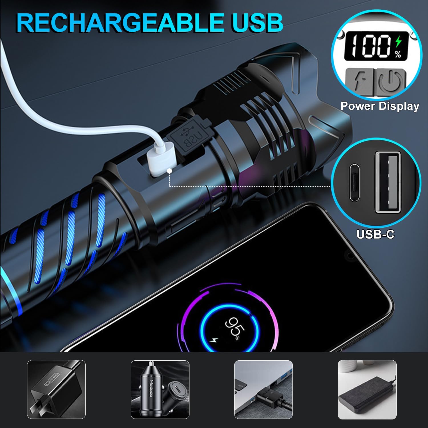 Lampe Torche LED Rechargeable Ultra Puissante, 100000LM Lampe de Poche
