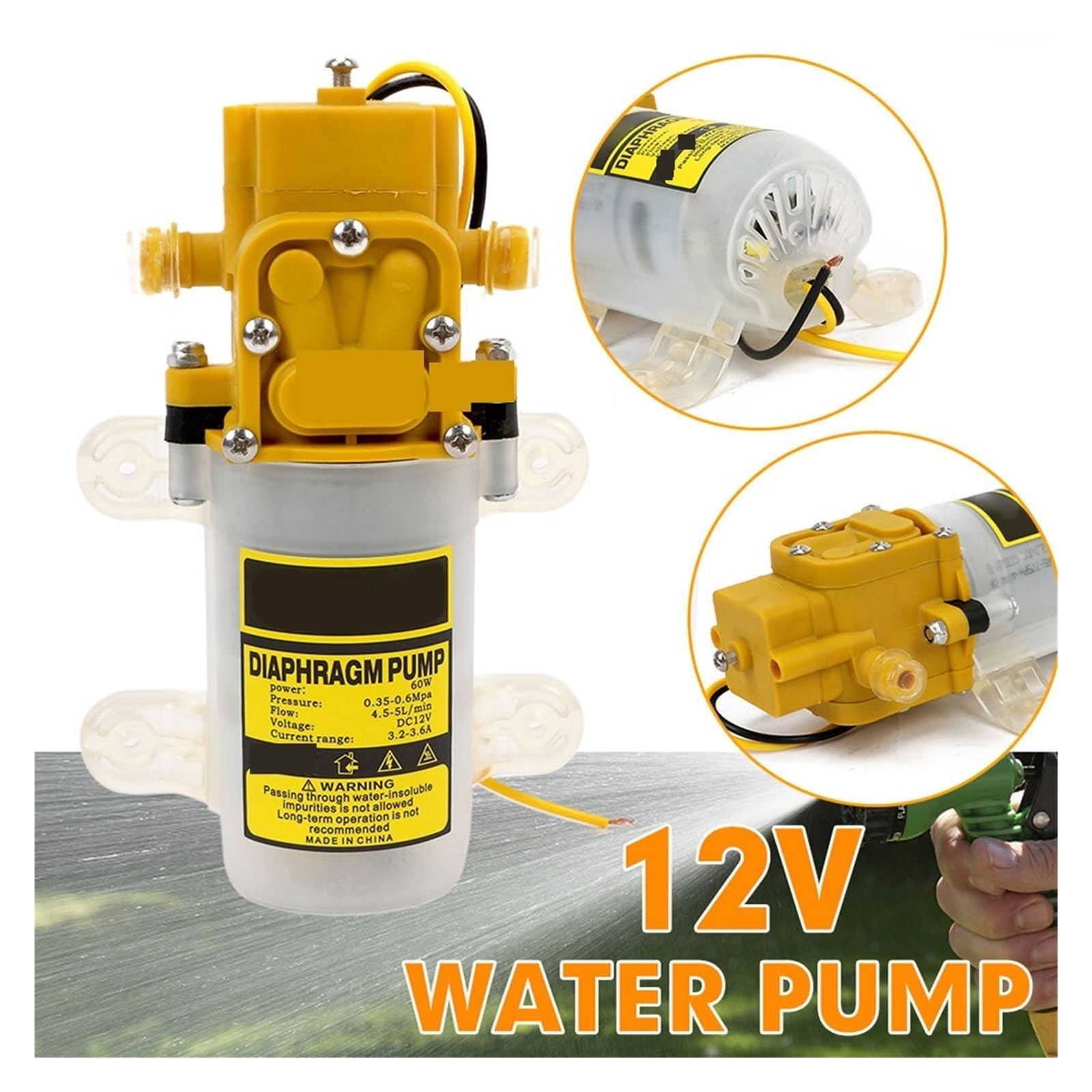 12V Mini Pompa Membranowa Myjnia Samochodowa Wysokociśnieniowa Mikro Refluksowa Rolnictwo Elektryczny Spray Mała Wodna Płynna Praca Stały Przepływ Niezawodność(Yellow 80w 12V)