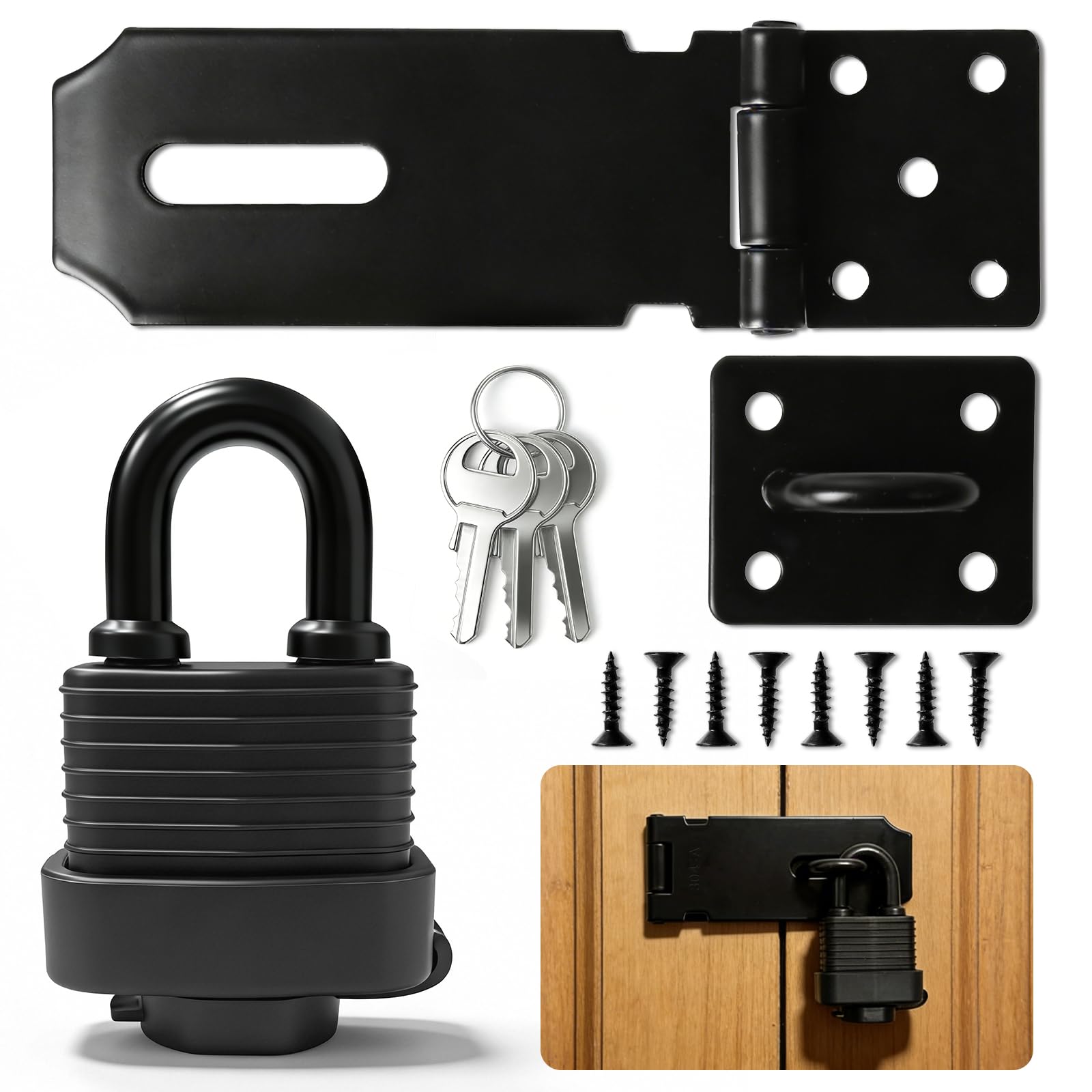 Steel Padlock Hasp, 4 Inch Heavy Duty Padlock Hasp with Screws, Stainless Waterproof Door Lock, Shed Lock Latch Staple for Bedroom Bathroom Cabinet Pet Cage, with Padlock & Keys