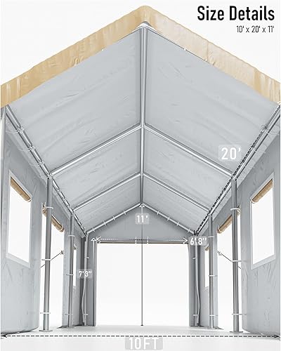 Miniatura 6 de Carport - Toldo resistente de 10 x 20 pies, postes de acero de 0.039 in y lona de polietileno de 14 mil, con puertas delanteras y traseras, 2