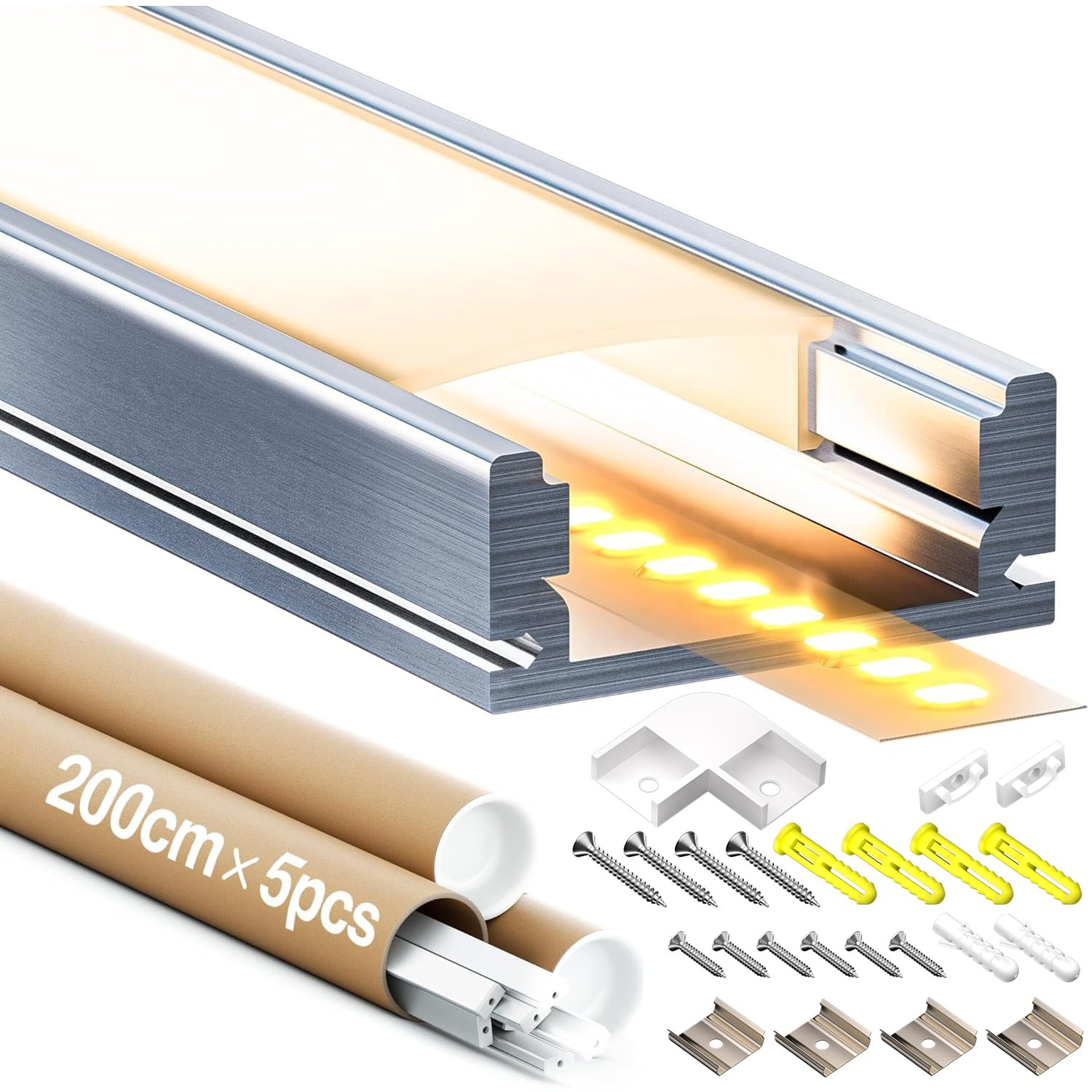 Perfil de aluminio para tiras LED, 1 m x 10 unidades 10 m, tamaño 17,4 mm x 7 mm, para tiras LED con un ancho de menos de 12,4 mm, con accesorios de montaje