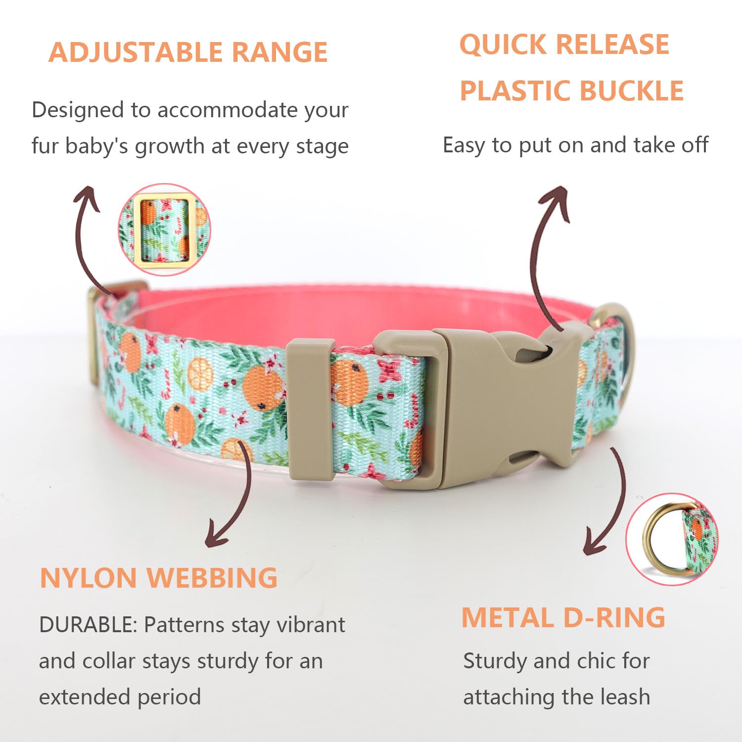 Petiry Vibrant Orange Fruit Print Nylon Dog Collar For Large Dogs Neck 49-55cm,Orange,L, A-GreenOrange - Image 3
