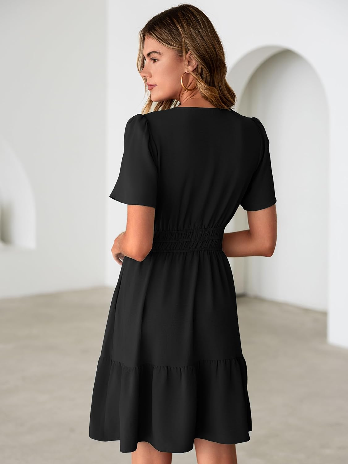 Simplee Womens Casual Summer Dresses 2026 V Neck Short Sleeve Empire Waist Flowy A Line Ruffle Tiered Mini Sundress