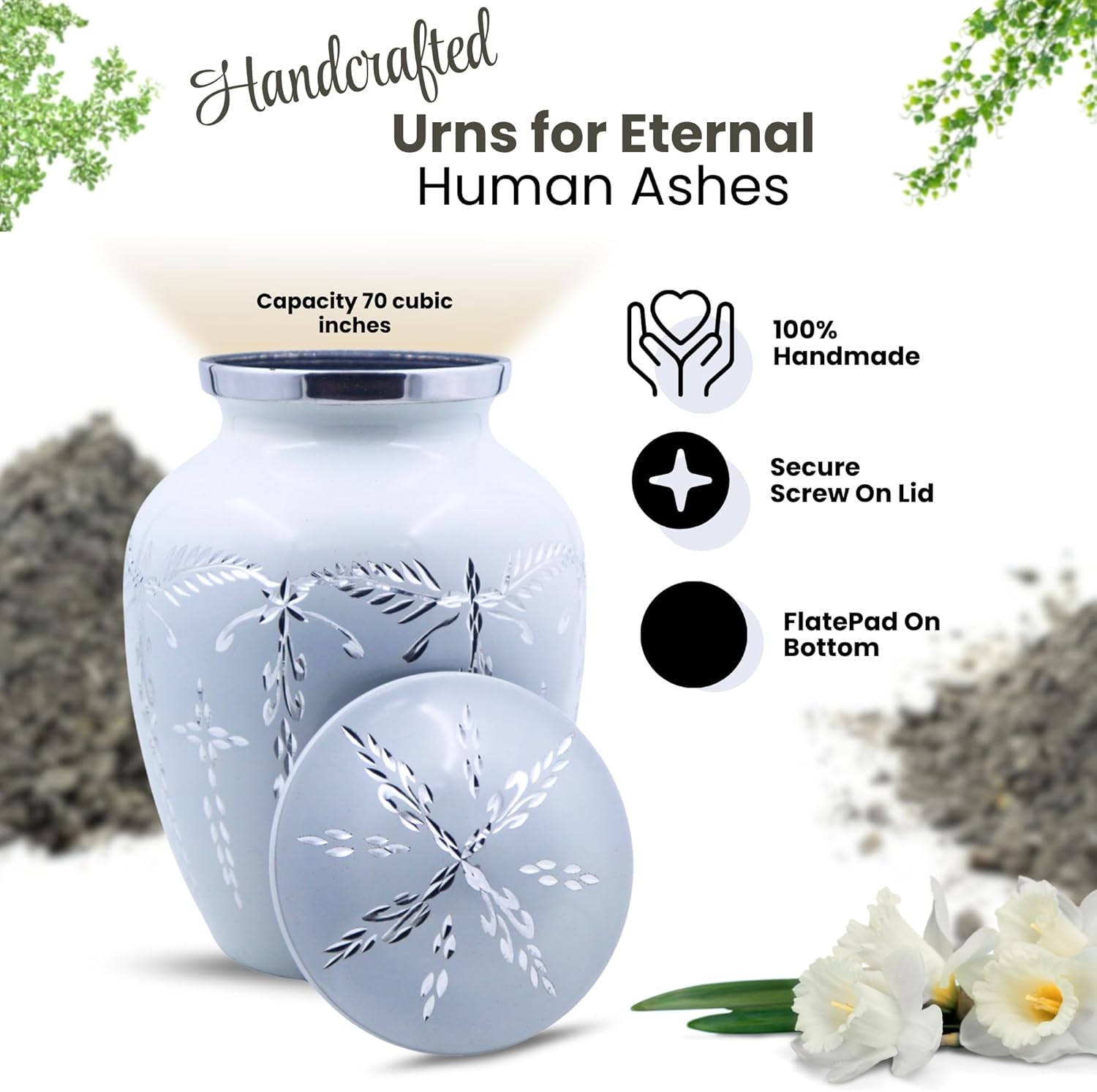 Aluminium Cremation Urn for Human Ashes Adult - Handcrafted Funeral Memorial Ash Storage Urn - Affordable Urns - Bag Included 5" x 5" x 7.5" 100 lbs, Matte White