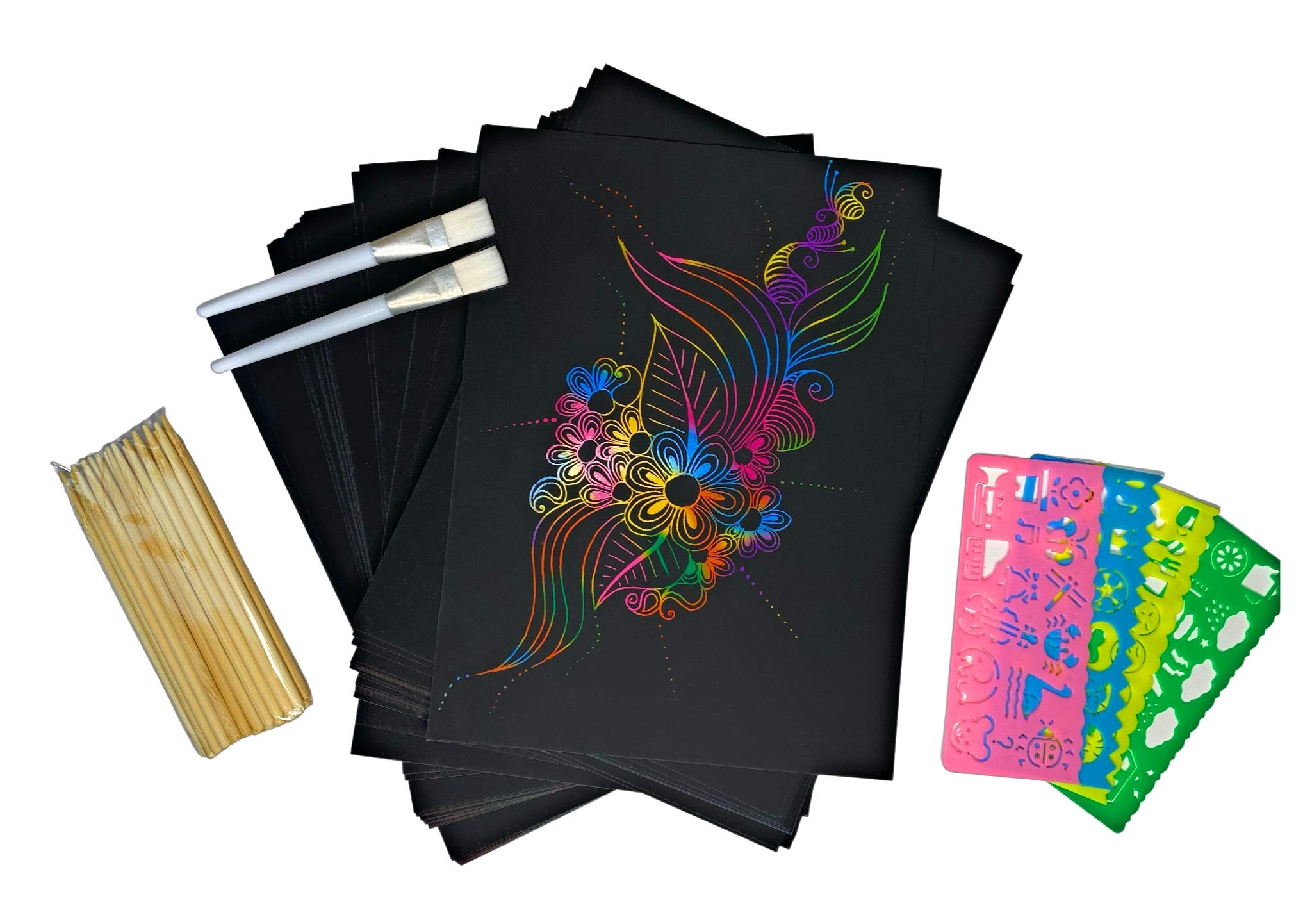 Buy 50 Sheets Scratch Art Paper with Stencil and Wood Stick Pencils