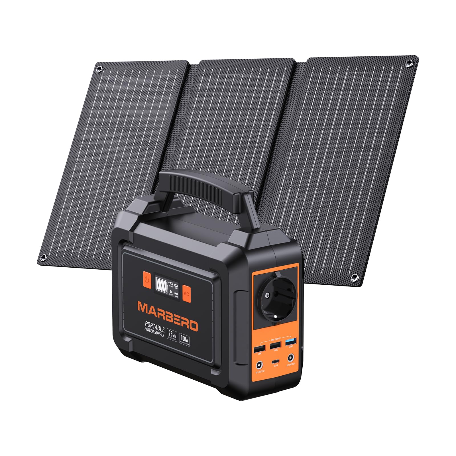 MARBERO Portable Power Station 98Wh mit 30W faltbarem Solar Panel 150W Solargenerator Outdoor Batterie mit DC Ausgängen für Wohnmobil Road Trip Abenteuer Camping Zuhause Stromausfall Notfall