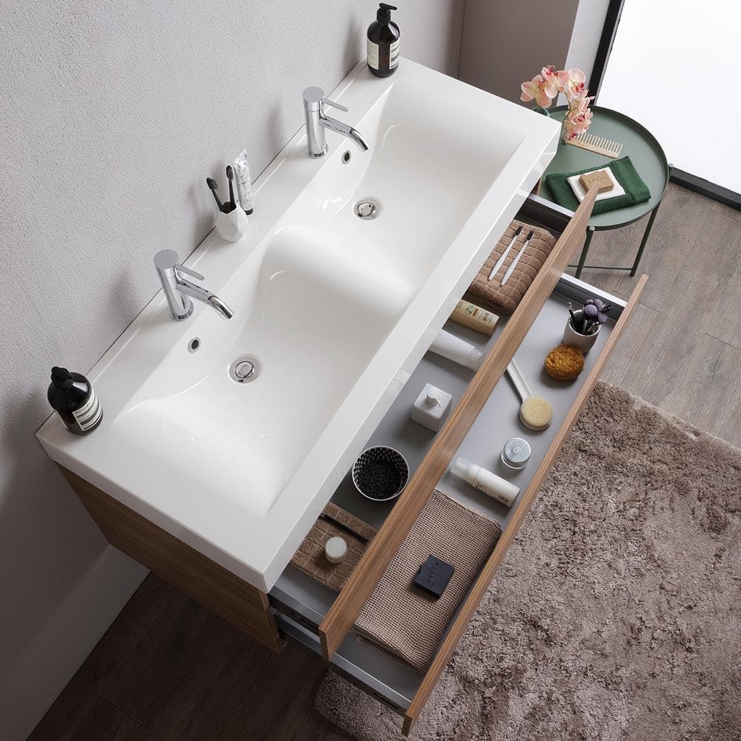 Kiamami Valentina - Mueble de baño suspendido de 120cm con cajones de Roble Natural Soft Close y Doble Lavabo | Valentina