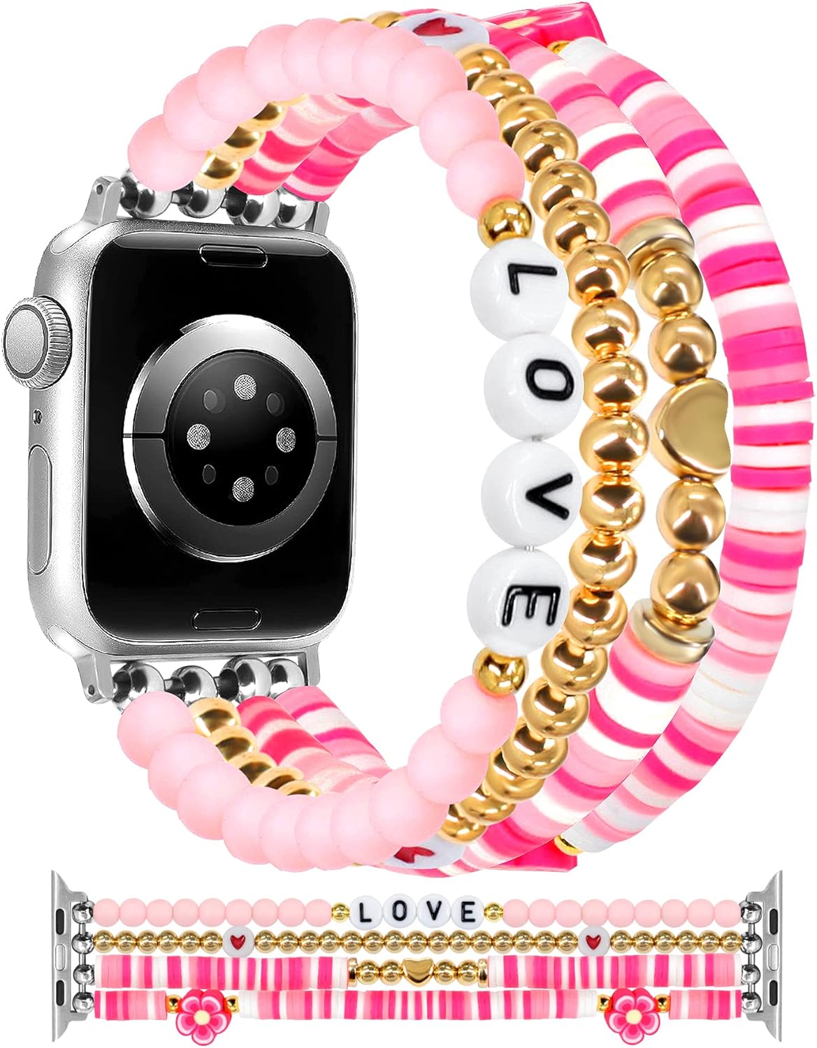 JR.DM Beaded Bracelet Compatible with Apple Watch 38mm 40mm 41mm 42mm Women Kids Girls Cute Fashion Preppy Stackable Handmade Stretchy Watch Strap for iWatch Series 11/10/9/8/7/SE/6/5/4/3/2/1(S)