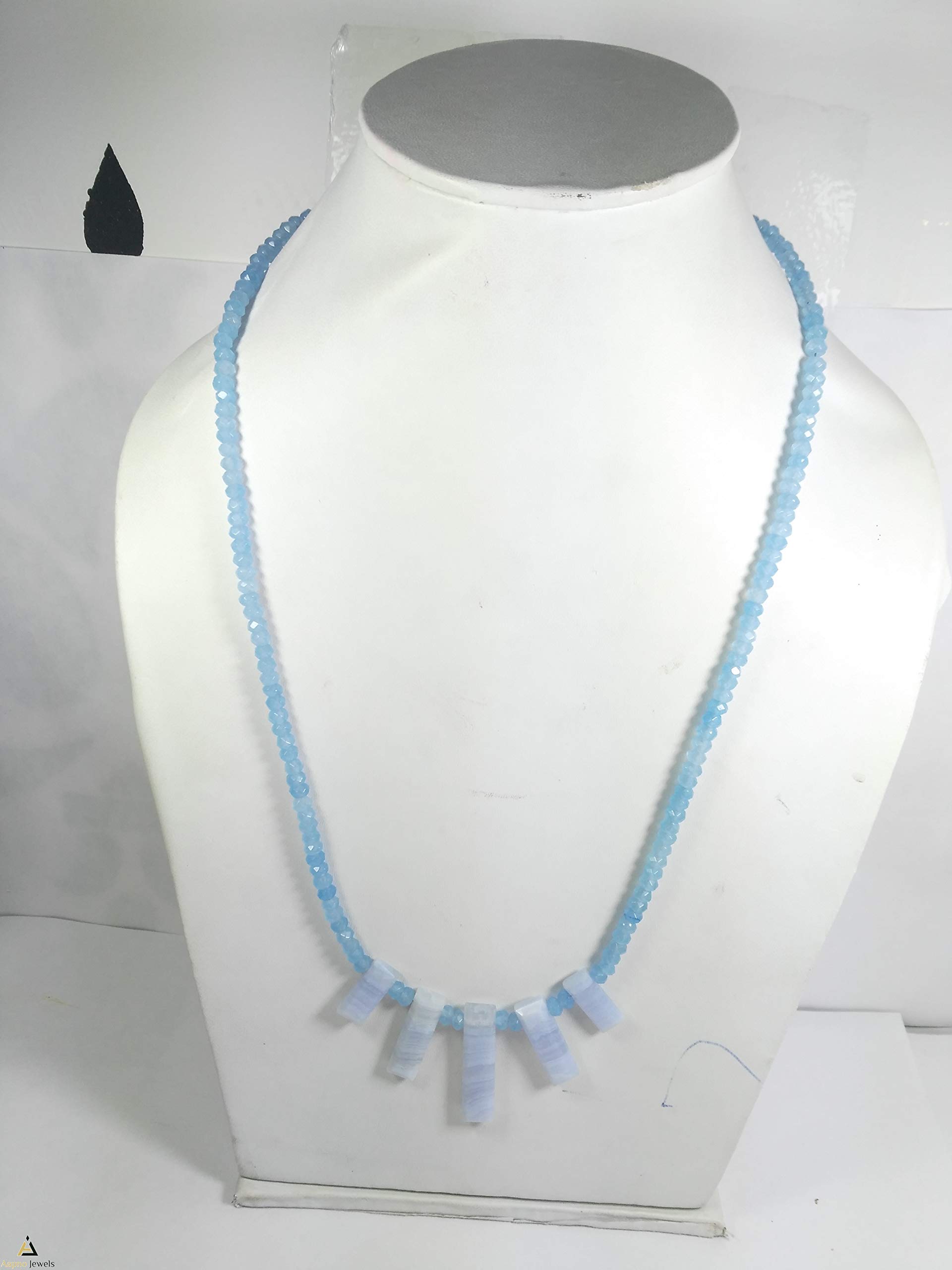 AApno JewelsNatural Lace Agate and Chalcedony Rondelle Faceted Beads Necklace, 3-4mm, 16 inch Lace Agate Slice Necklace, Faceted Aqua Chalcedony Rondelle Beads Necklace