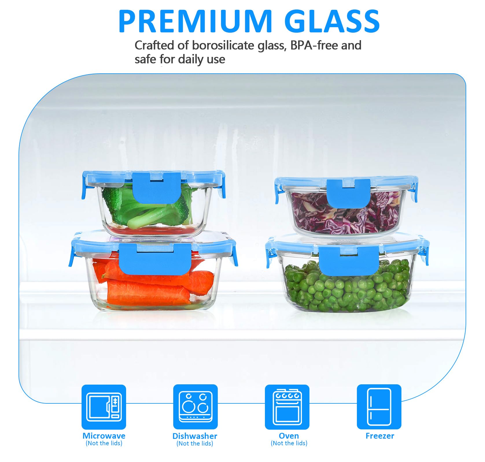 KOMUEE Glas-Frischhaltedosen-Set, Glas-Mahlzeiten-Vorbereitungsbehälter-Set mit Deckel, stapelbare, luftdichte Glasbehälter mit Deckel, BPA-frei, gefrier- bis ofenfest, blau, 24-teilig | Glasbehälter für Mahlzeiten, BPA-frei, luftdicht, mit Deckel, gefrie
