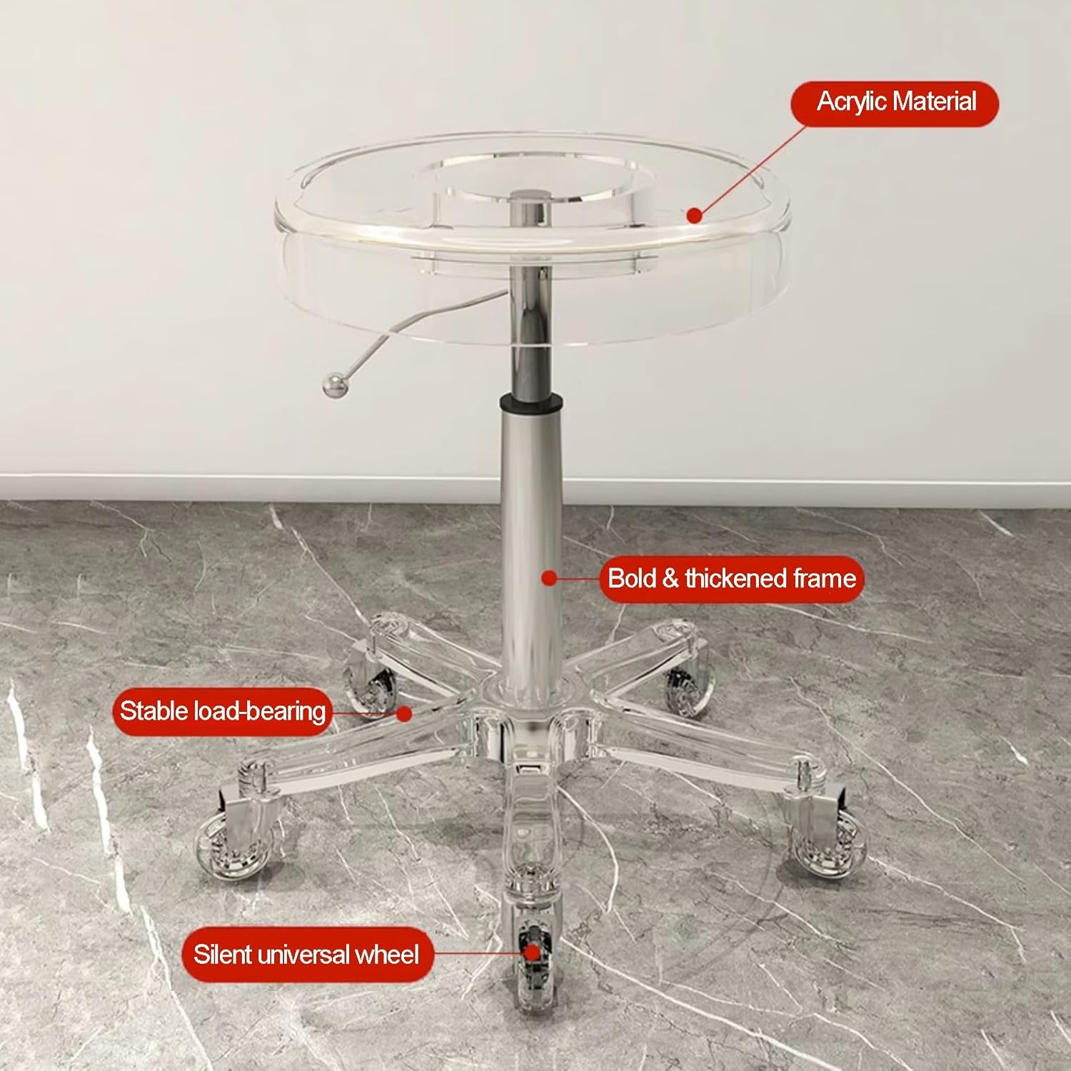 Rolling Stool with Wheels, Acrylic Swivel Stool Chair Heavy Duty Stool for Shop Guitar Lab Tattoo Workbench Medical, Adjustable Swivel Stool Chair (Color : Clear, Size : Crystal casters)