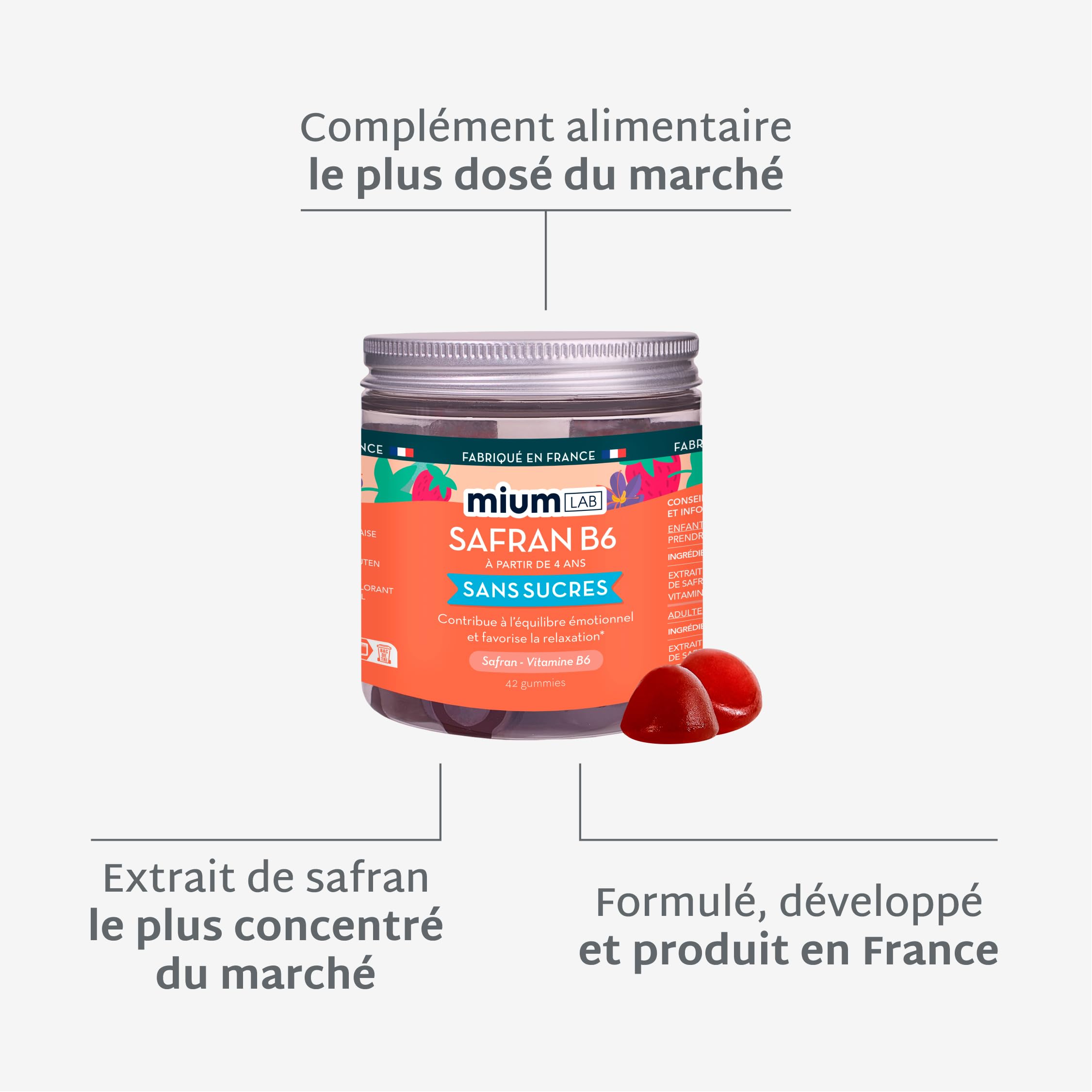 Mium Lab - Gummies Safran B6 - Hautement dosé 40mg Safran et Vitamine B6 - Complément alimentaire Enfants et Adultes - Cure Complète 84 Jours - Sans Sucres - Saveur Fraise Fabriqué en France