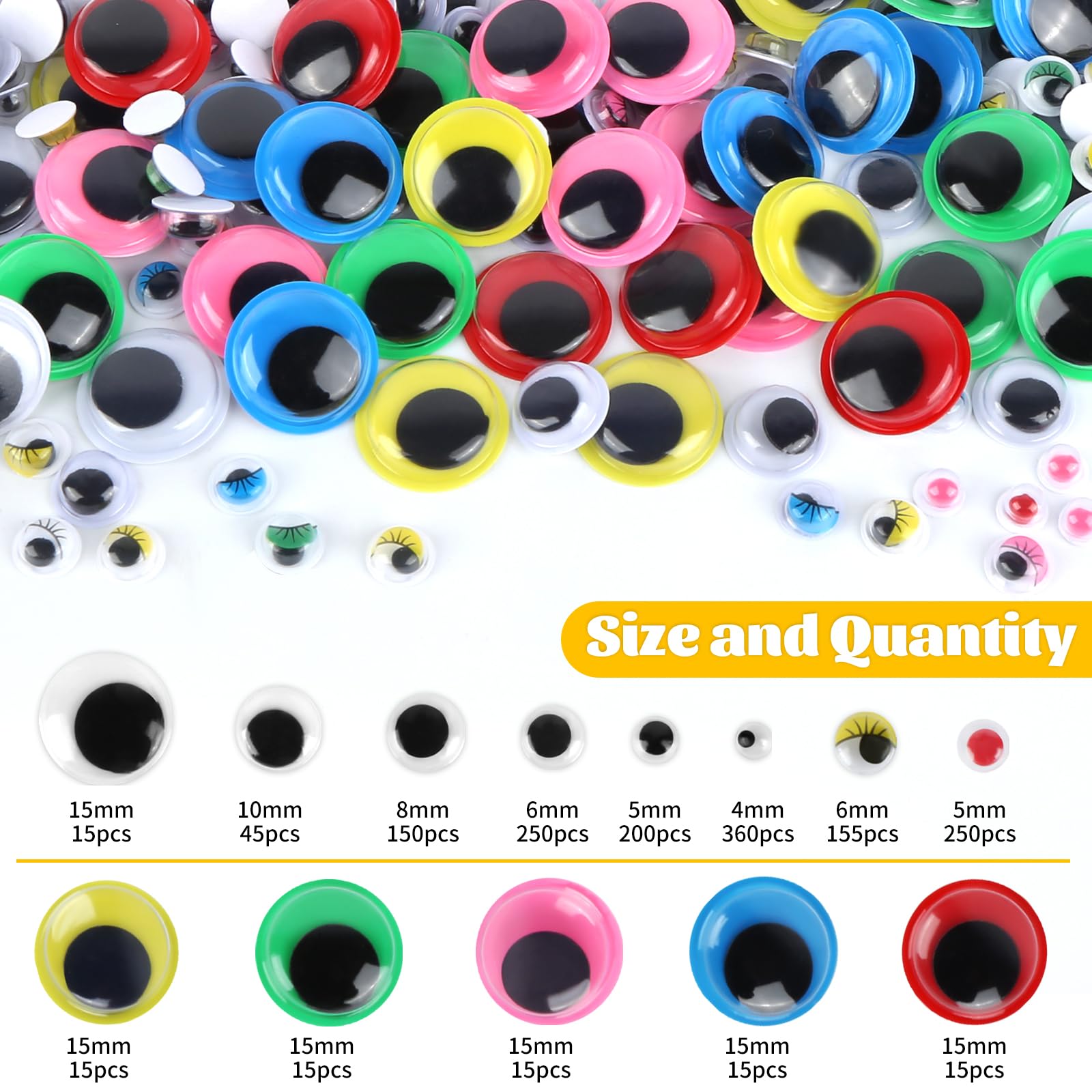 Relaxdays Occhi Adesivi per Lavoretti, Occhietti Mobili per Bricolage & Fai da Te, 5 Misure, 5