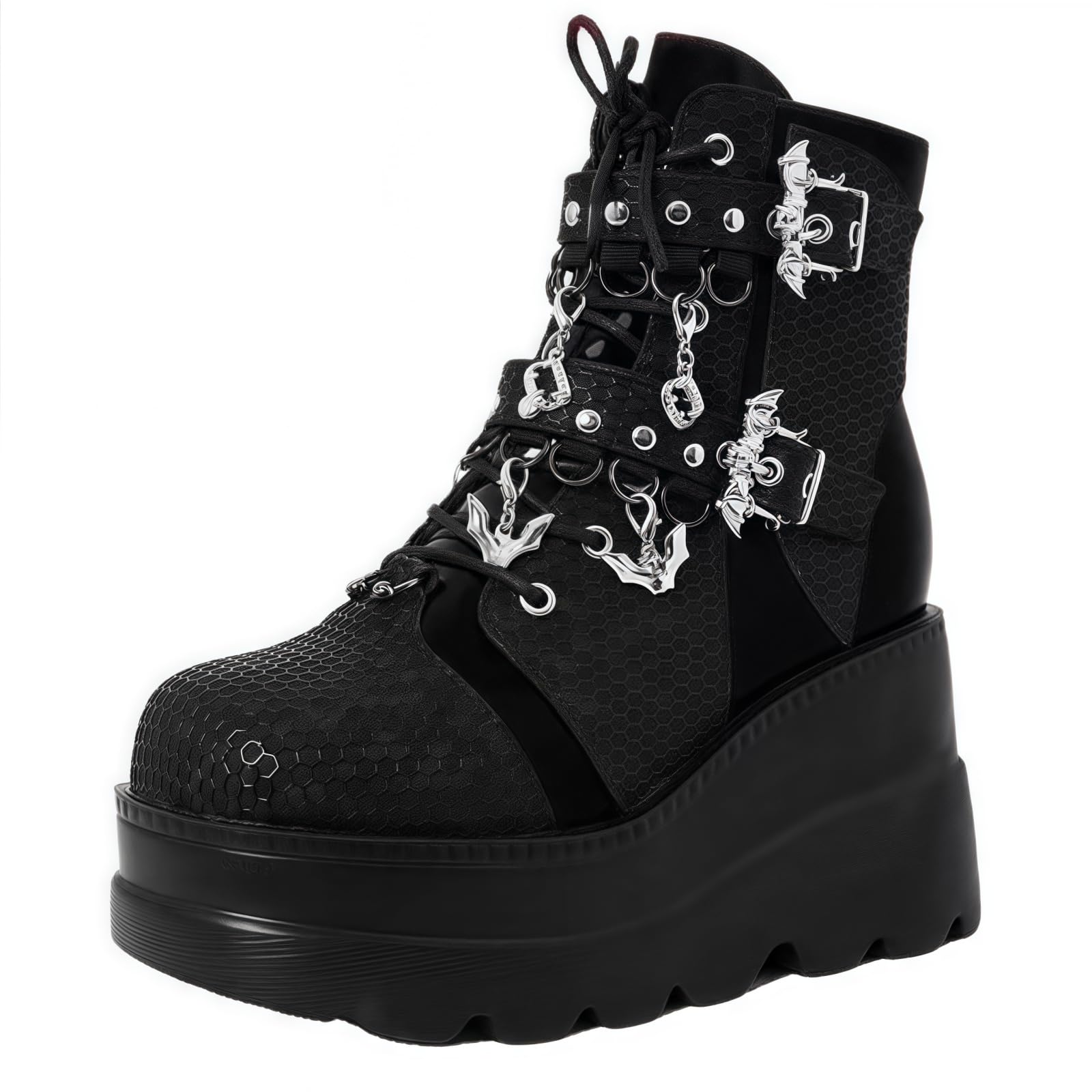 Frauen gotische Chunky Plattform Keile Knöchelstiefel mit Kette Herz Niet Punk Mid-Calf Motorrad Stiefel Runde Zehe Reißverschluss Keile hohe Absätze Rave Schnalle dicke Sohle Ritter Stiefel