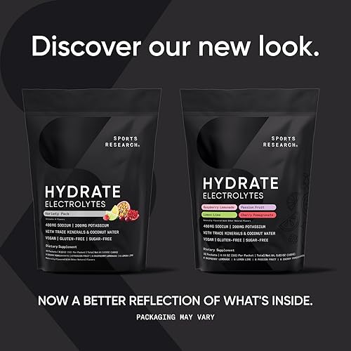 Miniatura 2 de Sports Research® Hydrate Paquetes de Polvo de Electrolitos - Sin Azúcar y con Sabor Natural con Vitaminas, Minerales y Agua de Coco - Apoya la