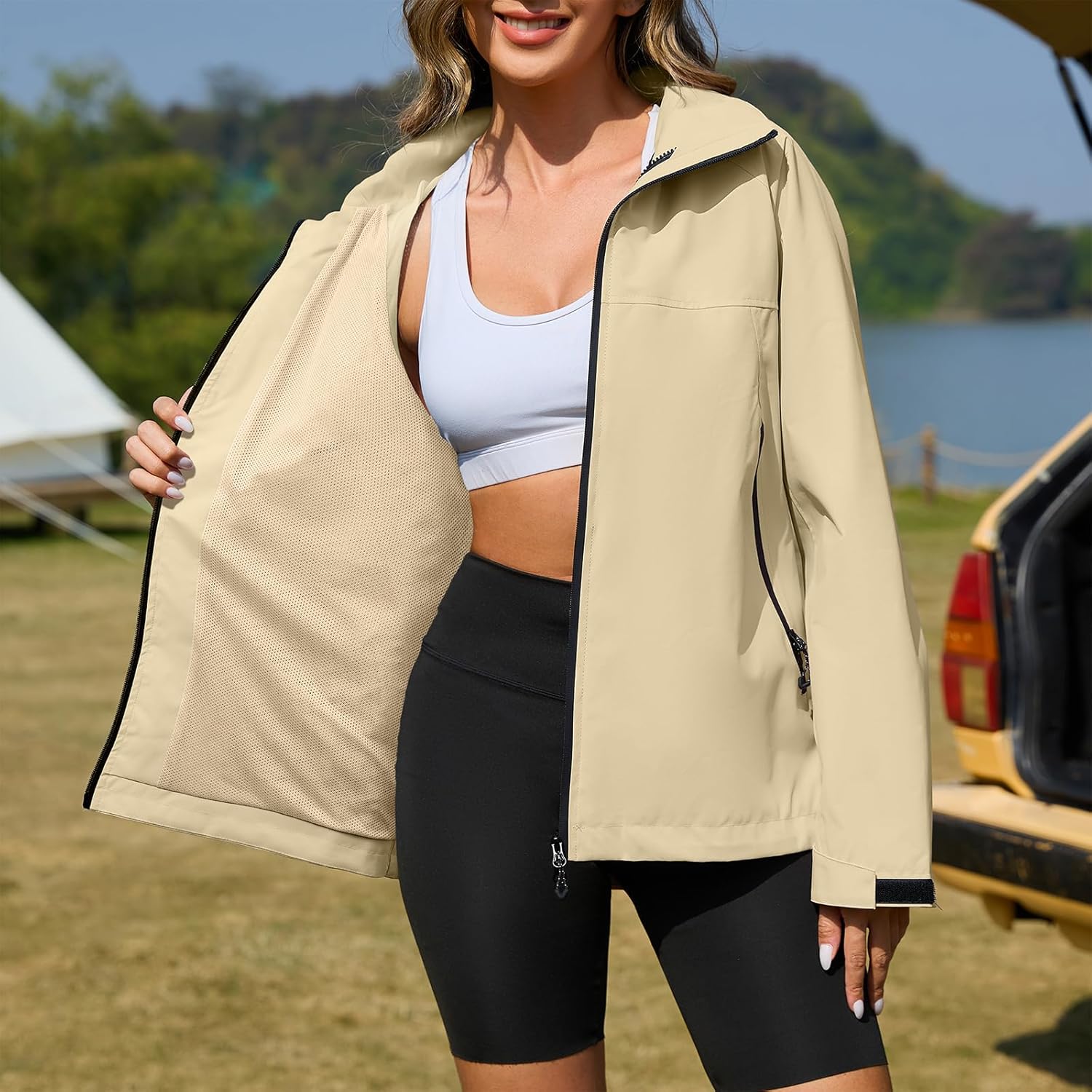 American Trends Rain Jacket Women Waterproof with Hood Travel Rain Coats Loose Fit Windbreaker Lined Jacket - Image 2