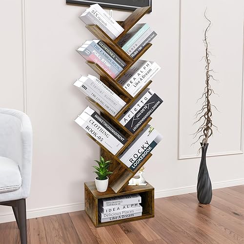 Miniatura 9 de Luckyeestar Estantería de árbol de 4 niveles, estante retro de almacenamiento de 4 estantes, estante de almacenamiento de madera, estantería moderna
