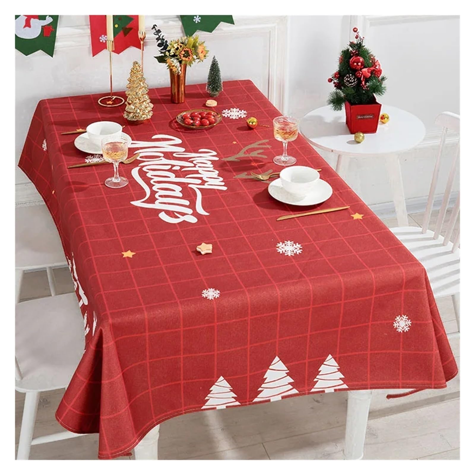 tischtuch weihnachten Wind Fest Weihnachten Tuch Kunst Tischdecke Wasserdicht und Öl-beständig Haushalt Urlaub Party Dekoration Zubehör Tisch Matte für Partys, Dekoration(White,140x140cm55x55inch)