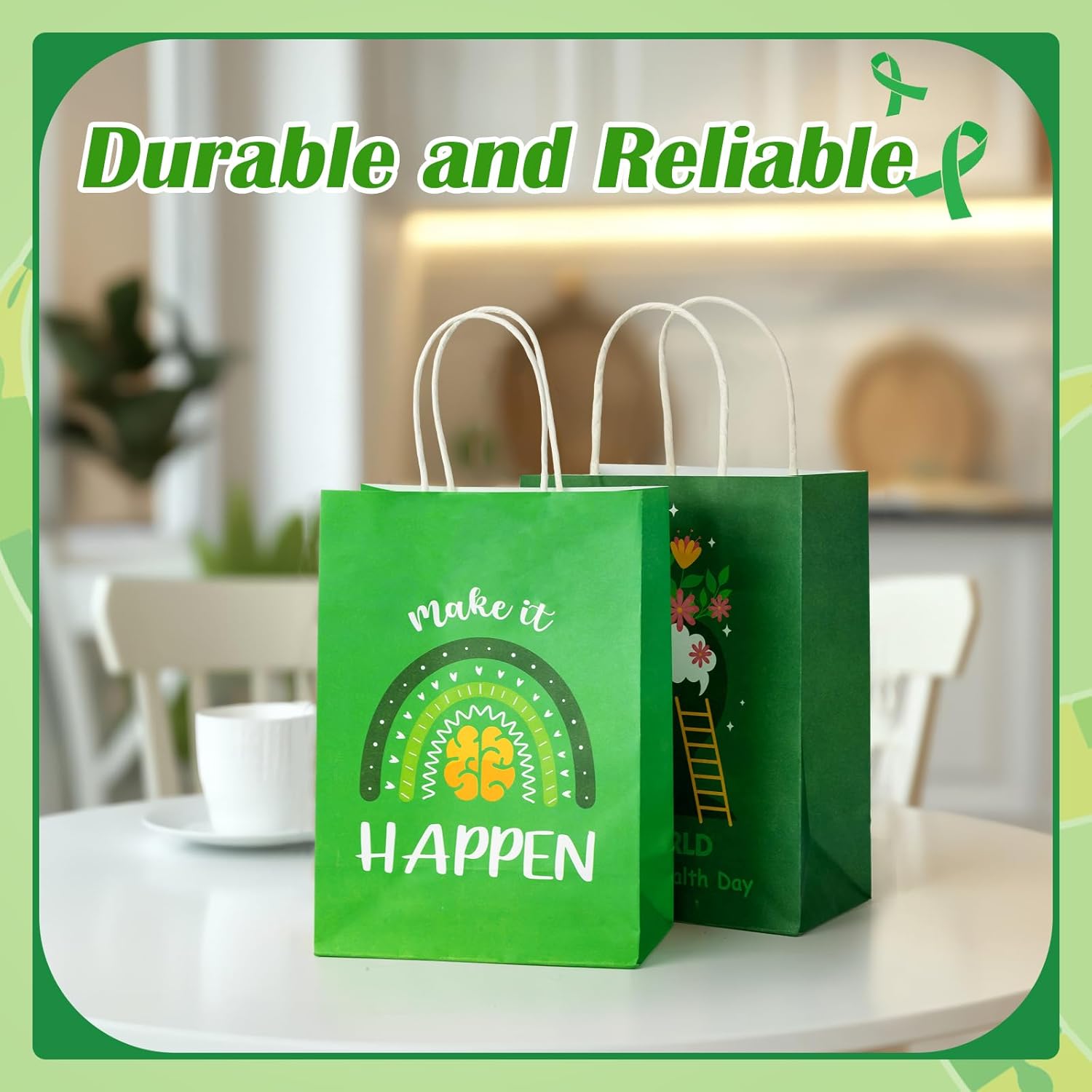 Kolldenn 60 Pcs Mental Health Gift Bags Bulk Mental Health Awareness Party Treat Green Ribbon Xmas Kraft Paper Gift Bags with Handles for Public Charity Events Favor Party Supplies