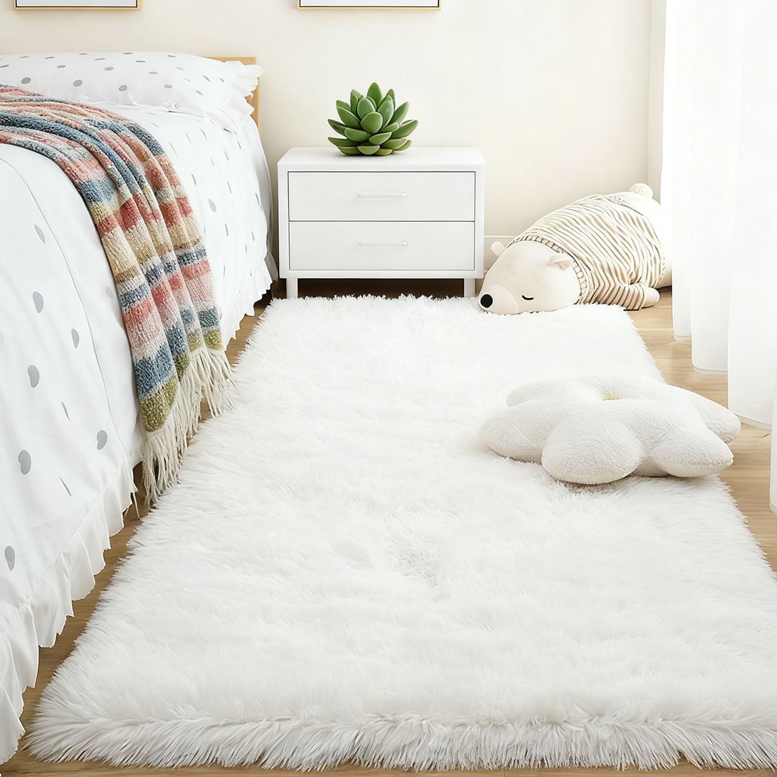 Tapis chambre shaggy 110x140 cm blanc antidérapant pour grand salon
