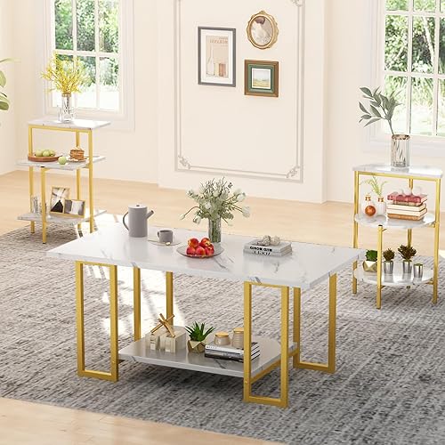 Miniatura 4 de Lamerge Coffee Table Set of 3,Rectangle Coffee Table&2 Accent Table,Faux Marble Tabletop,3 Piece Living Room Table Sets with Multi Tier Storage, for