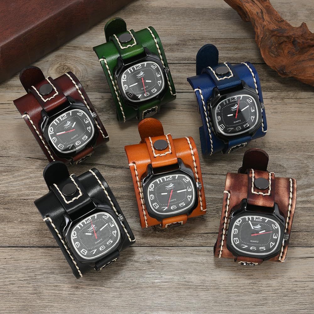 MINILUJIA Reloj para hombre hecho a mano con cuerda de cera cosida, vintage, punk, hip-hop, gótico, ancho, cuero suave, reloj Suqare de cuarzo, esfera grande