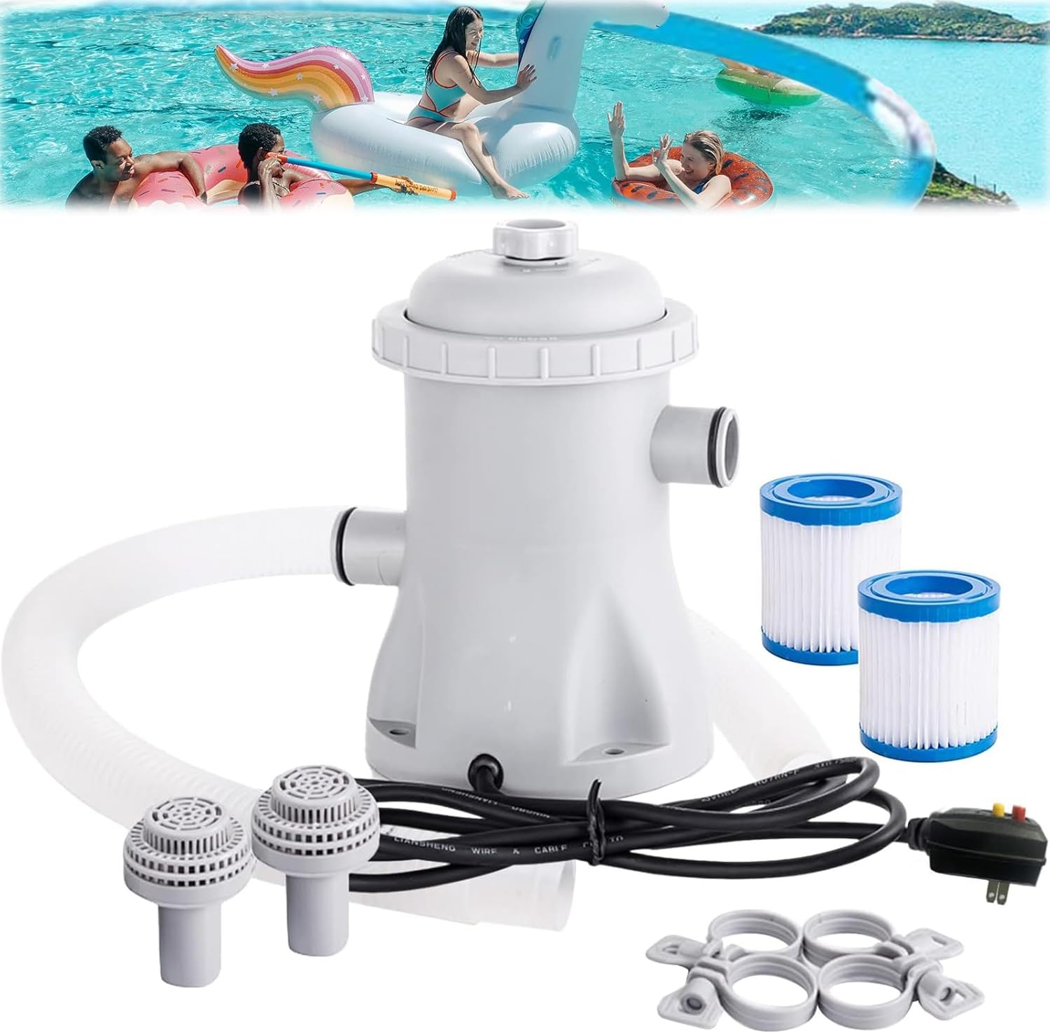 Pool Filter Pump 330 Gph Paddling Pool Pump with 2 Pool Filter for Pool Pumps Above Ground, Small Pool Filter