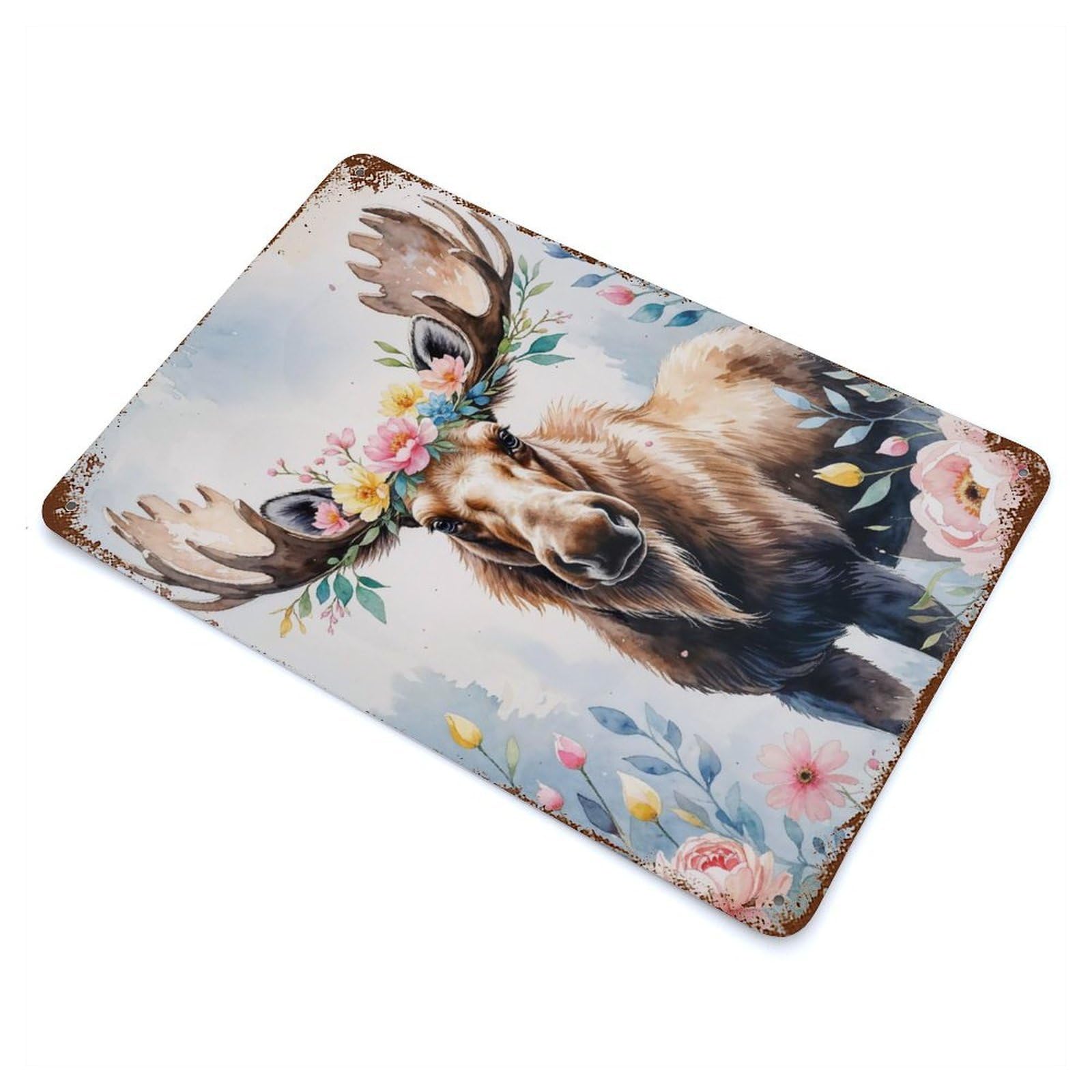 Moose with Floral Crown Watercolor Vintage Rust Metal Sign 11.8"x7.9", Classic Wall Plaque for Basement, Hobby Room And Garage Decor