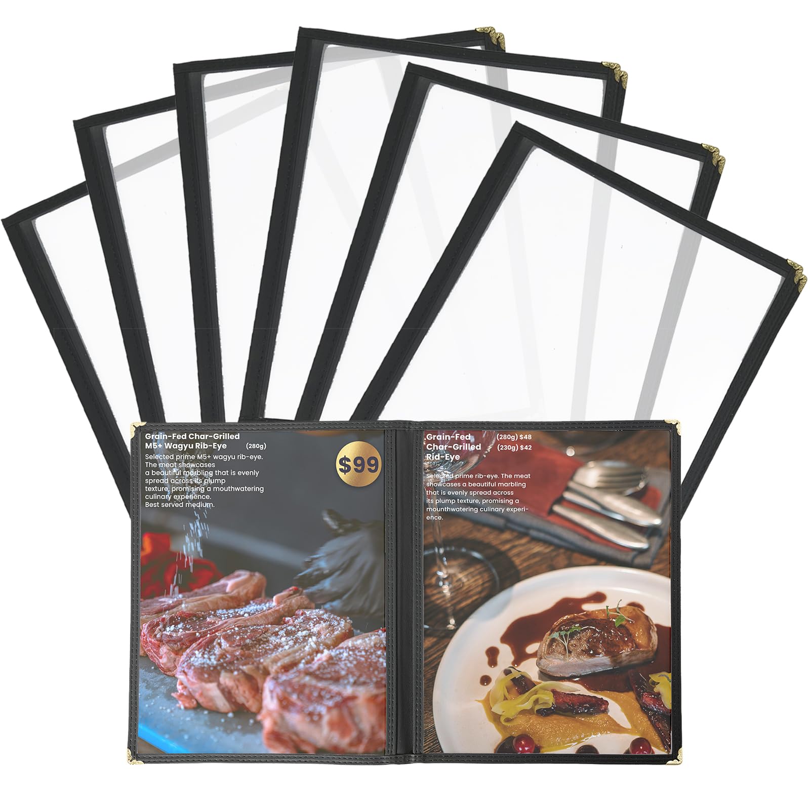 IVWNNN 6 Pack Menu Holder Menu Covers 8.5 x 11 Inch Menu Holders Black Restaurant Menu Covers, Clear Menu Cover Menu Covers for Restaurant, Cafe, and Bar Menus (6 Pack (2 Page, 4 View))
