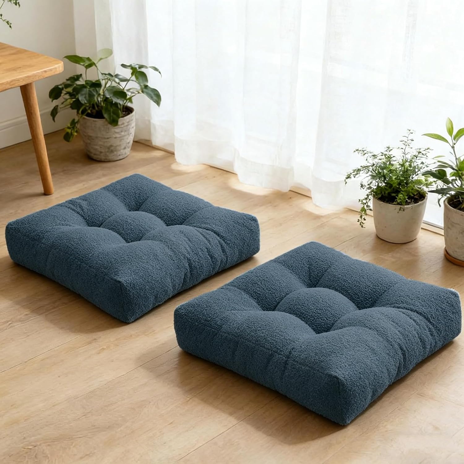 Meditation Cushion Set of 2, Large Floor Cushions for Adults, Thick Square Floor Sitting Pillow with Tufted Cover for Tatami Living Room Fireplace, Navy Blue 18x18 in
