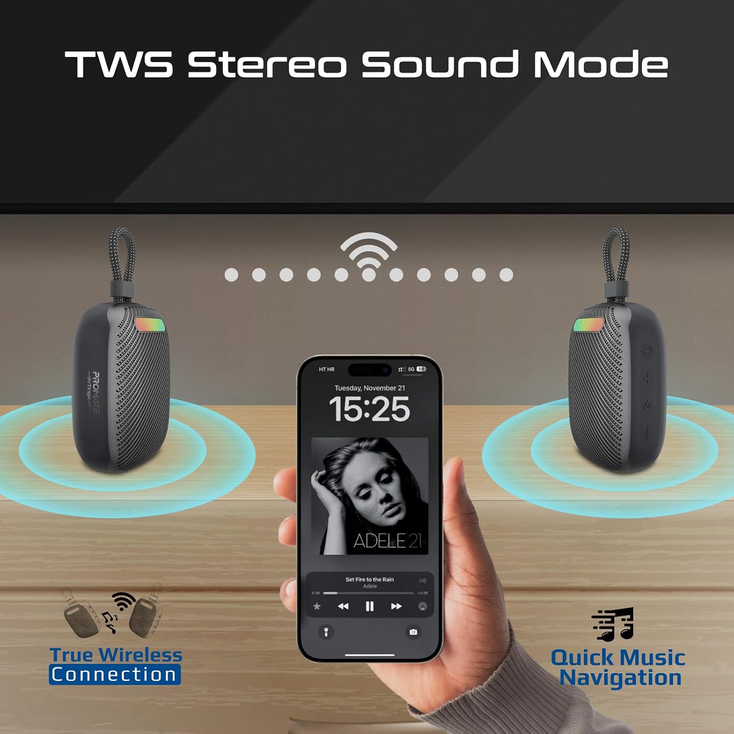 Promate CrystalSound Wireless Bluetooth 5.4 Speaker, 7W Loud Stereo Sound, RGB Light Modes, Waterproof IPX6, TWS Dual Pairing, Multi Music Input, Built-in Mic,1800mAh Battery, 10M Range | BLUETOOTH 5. 2026 - view 1