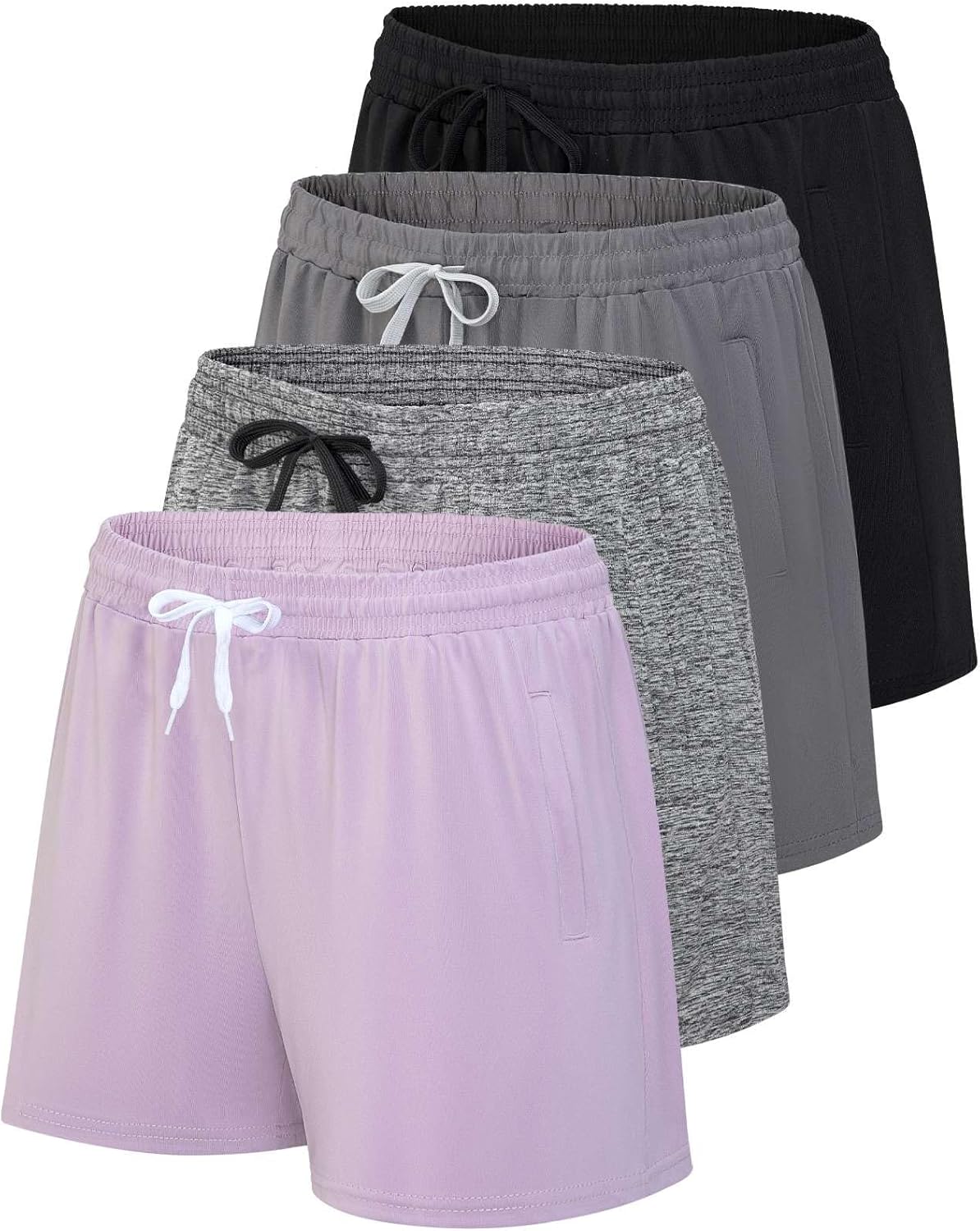 Real Essentials 4 Pack: Womens Athletic Dry-Fit Lounge Shorts with Zipper Pockets (Available in Plus Size)