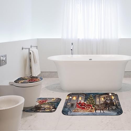 Miniatura 8 de ArtSocket Juego de 3 alfombras y tapetes de baño de Navidad, de Papá Noel, antideslizantes, de microfibra absorbente de invierno, de espuma