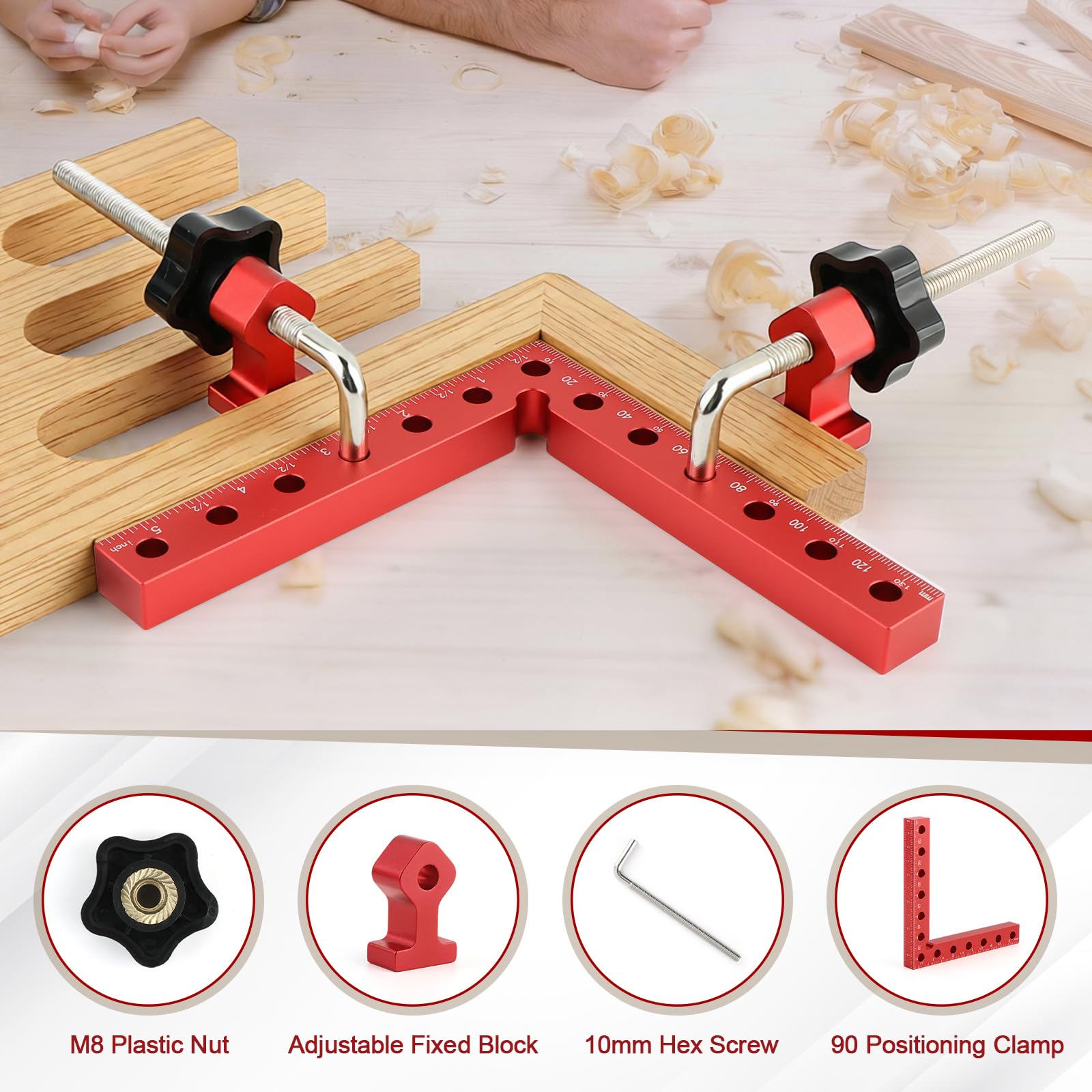 Ángulo de posicionamiento de 90 grados, 4 abrazaderas de aleación de aluminio de ángulo recto (14 cm/5,5 pulgadas), herramientas de carpintería para carpintería, bricolaje, manualidades (rojo)