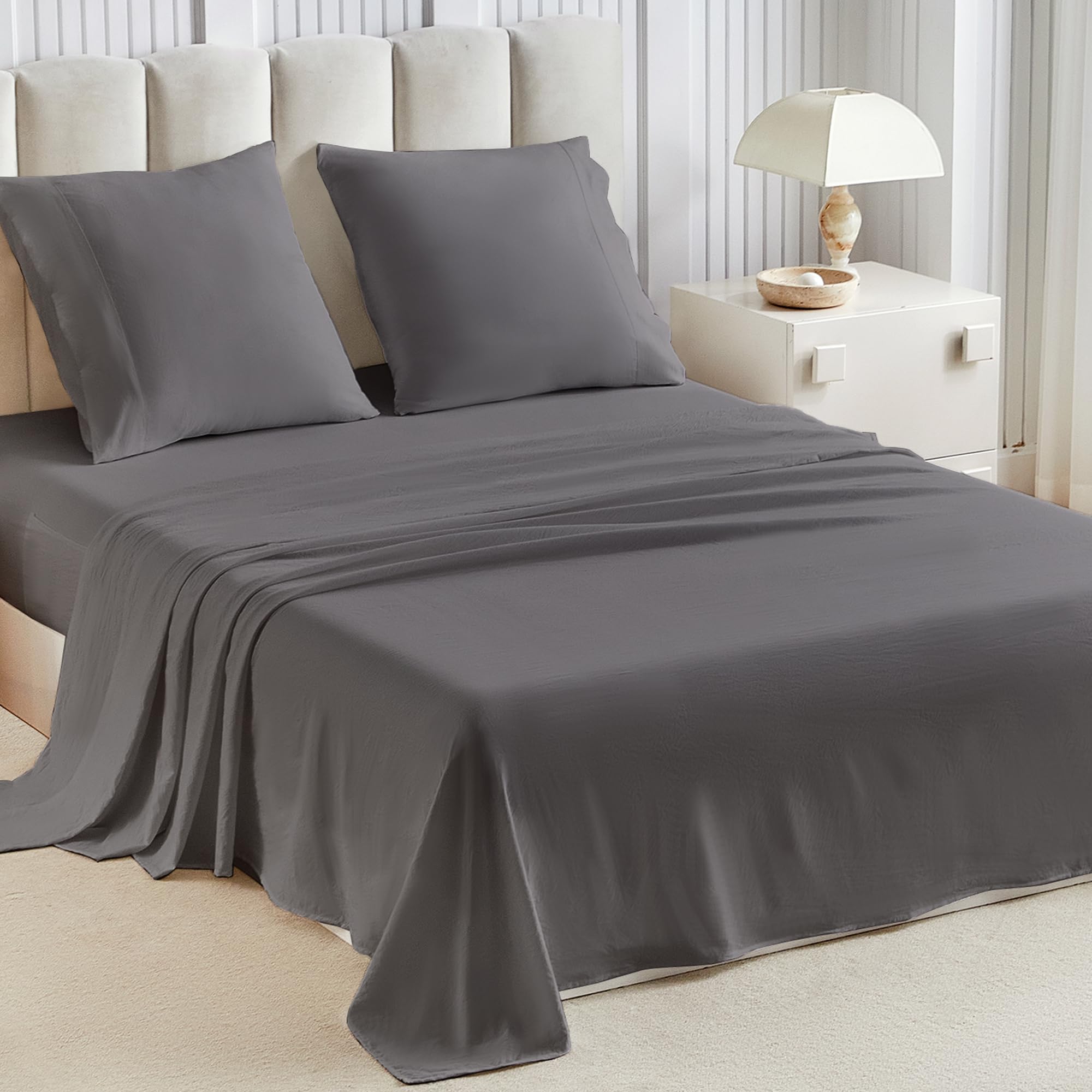 Parure de lit 180x200 grise sans repassage en coton lavé pour grand lit