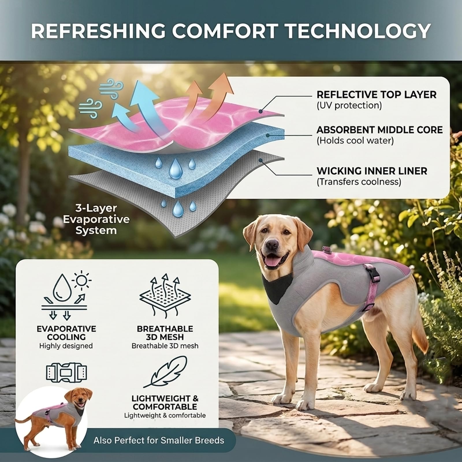 Chaleco Refrescante para Perro con Arnés D-Snap, Protección Solar - Tiras Reflectantes, Correas Ajustables, Malla Transpirable - Abrigo Deportivo Refrescante para Perros Pequeños Medianos Grandes