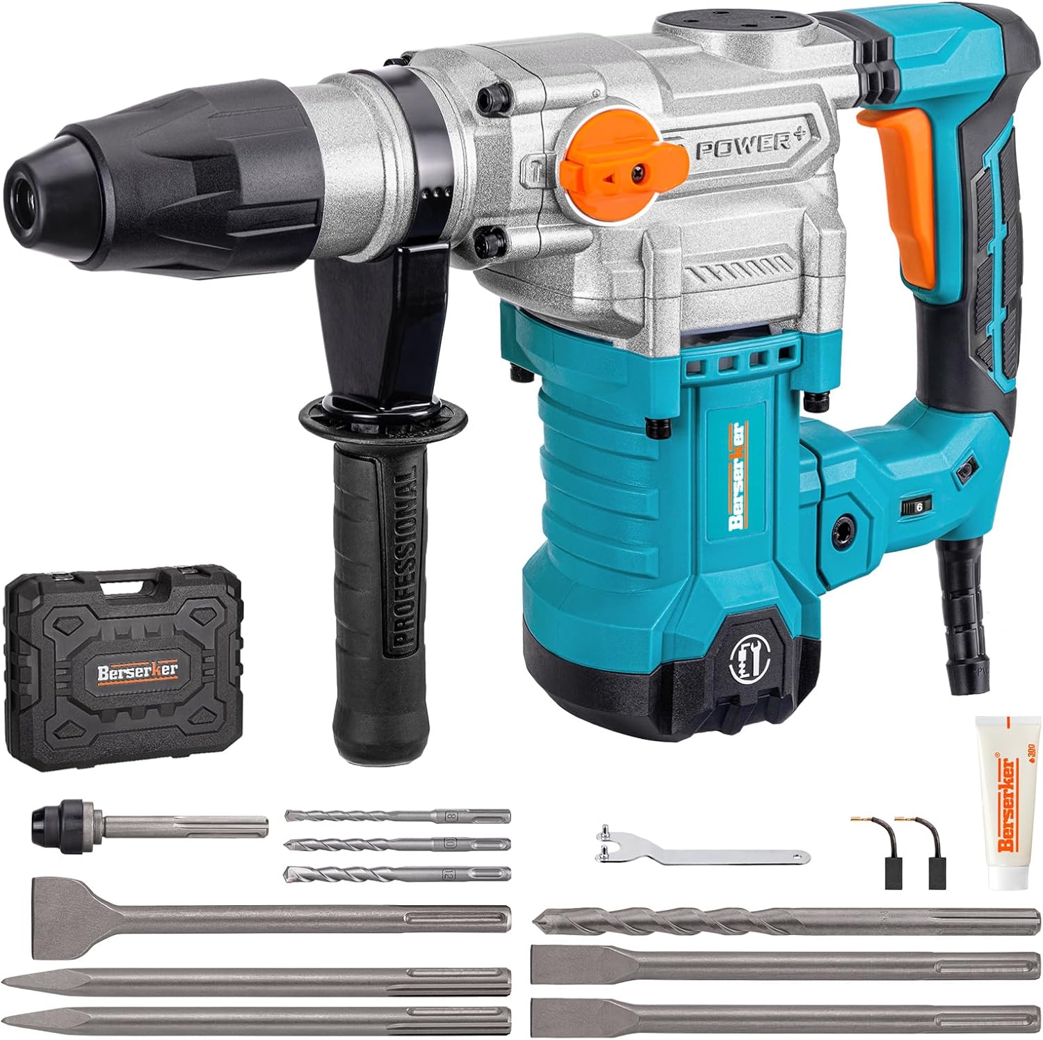 Berserker 1-9/16" SDS-Max Heavy Duty Rotary Hammer Drill with 3 pc. SDS Max Chisel Set with Point Chisel, Flat Chisel & Scaling Chisel, Masonry Concrete Tile Removal Bits