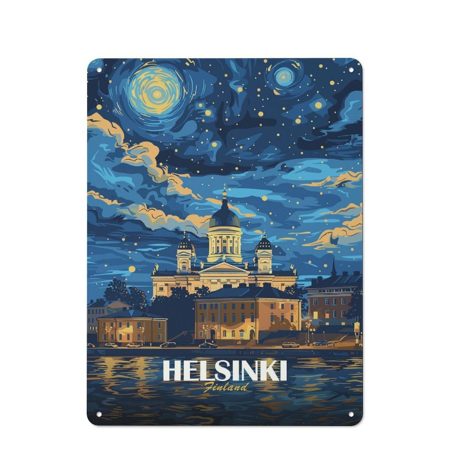 Junmoney Style-13 For Hobby Room Or Studio, Helsinki Finland Nightscape Art Retro Metal Sign 40X30cm, A Decorative Gift For A Newly Furnished Hobby Room And Studio