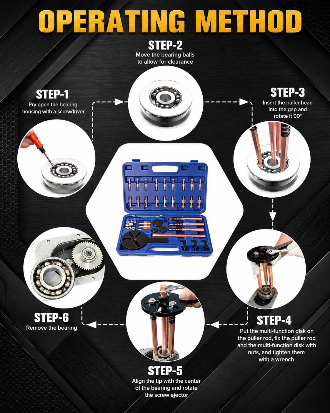 36 en 1 Juego Extractor de Rodamientos, Separador de Rodamientos Internos | Extractor de Rodamientos Ciegos con Separador de Rodamiento para Reparación de Coches, Motos e Industria, con Vaso de 17 mm